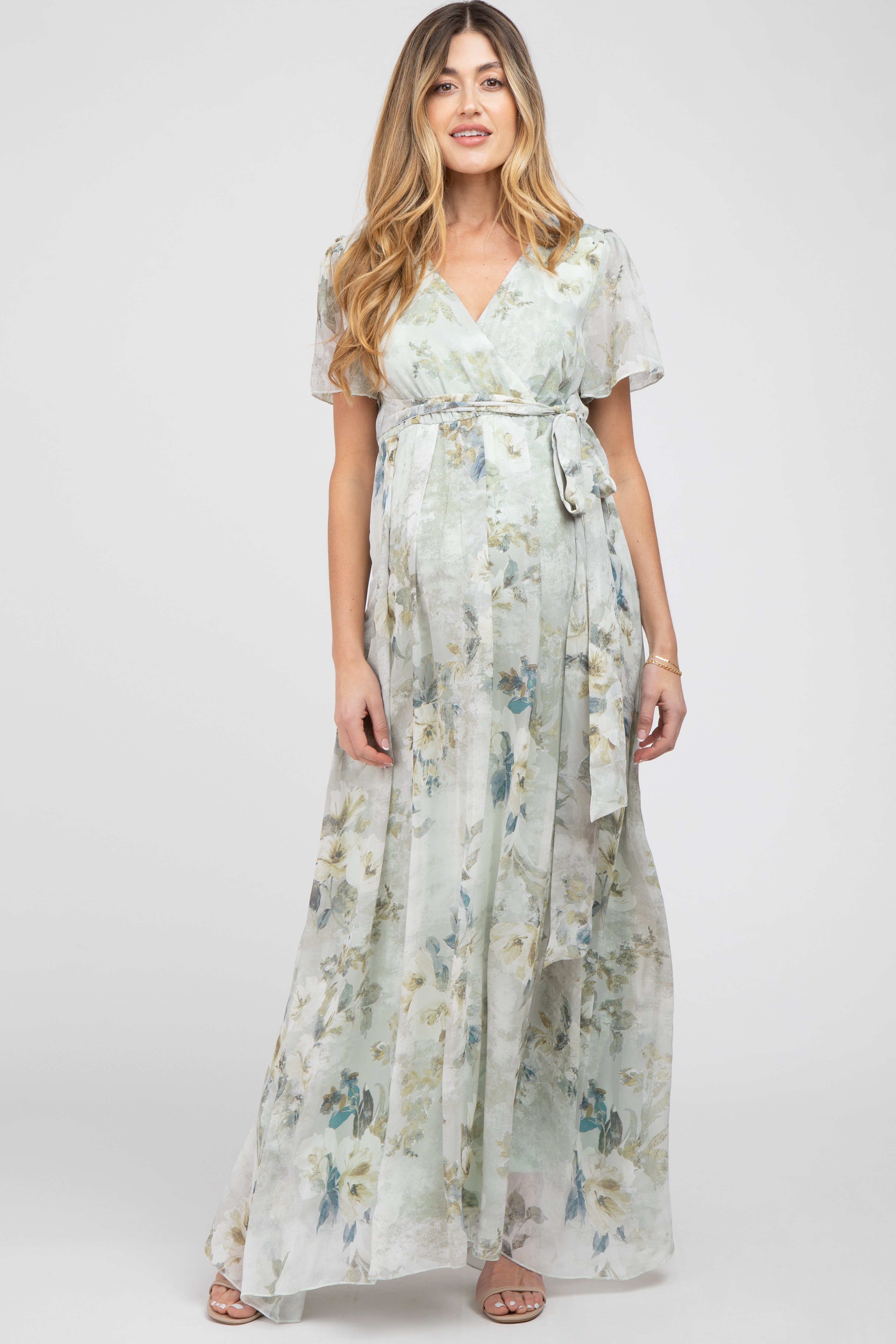 Light Olive Floral Chiffon Wrap Front Short Sleeve Maternity Maxi Dress sold by Pinkblush