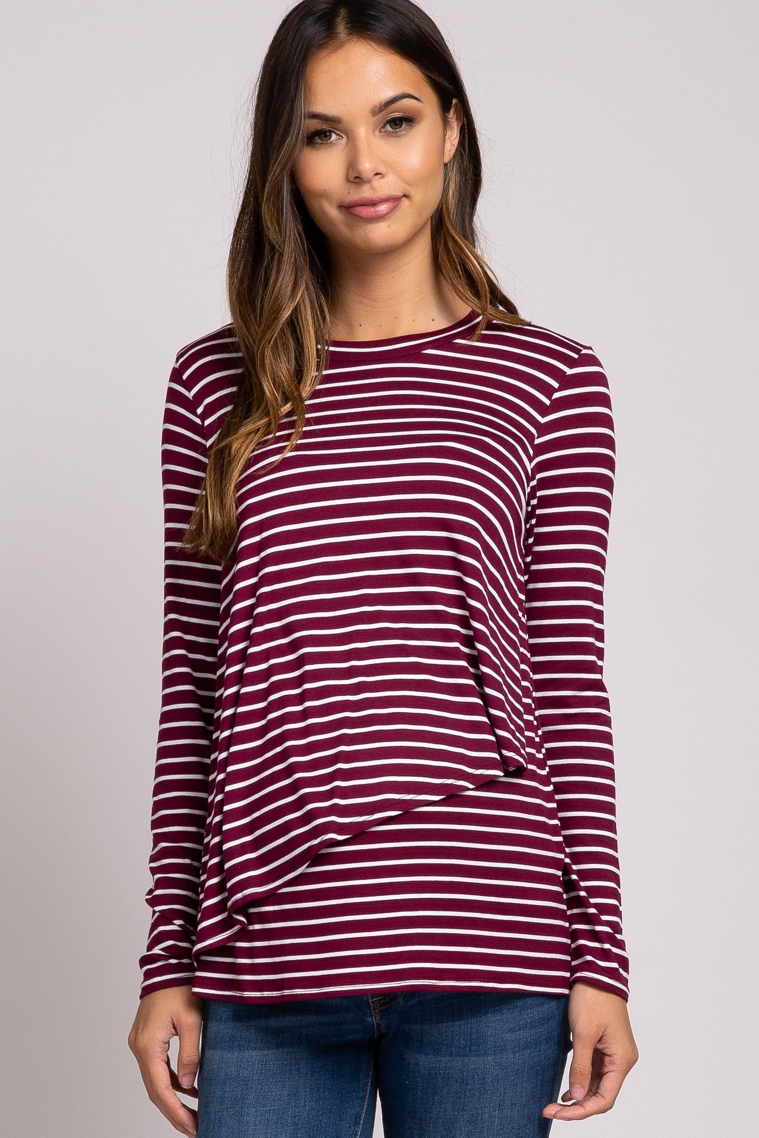 PinkBlush Burgundy Striped Layered Front Long Sleeve Maternity/Nursing Top sold by Pinkblush