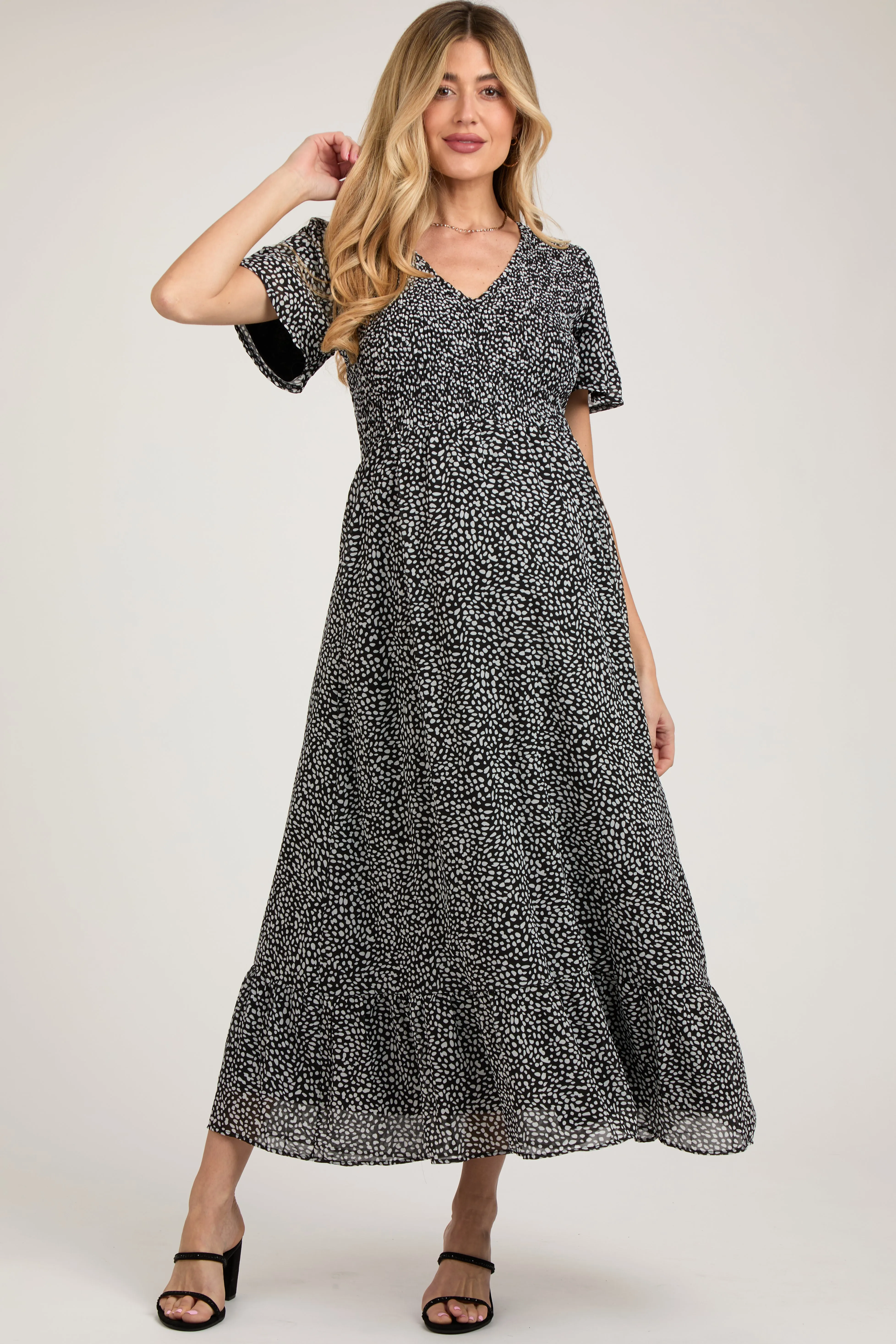 Black Dotted Smocked V-Neck Short Sleeve Maternity Maxi Dress sold by Pinkblush