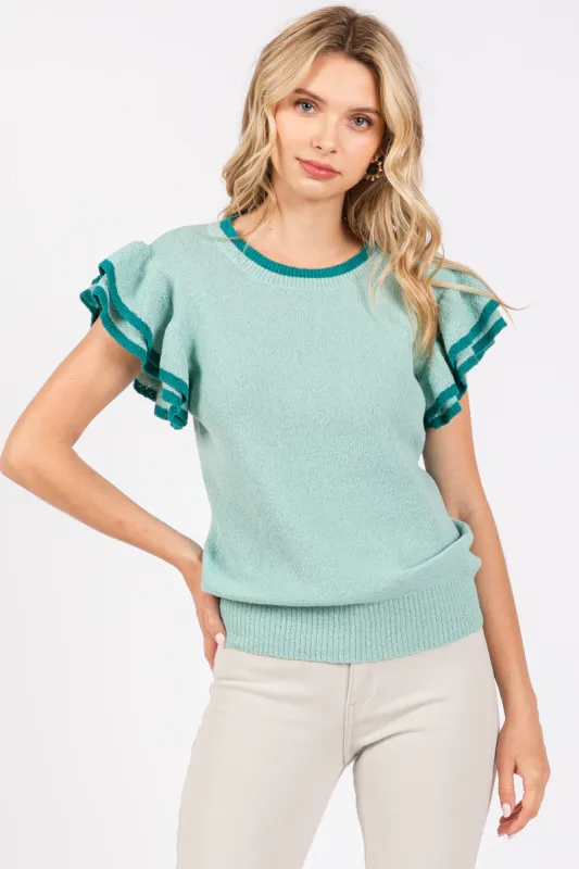 Mint Double Ruffle Sleeve Sweater Top sold by Pinkblush
