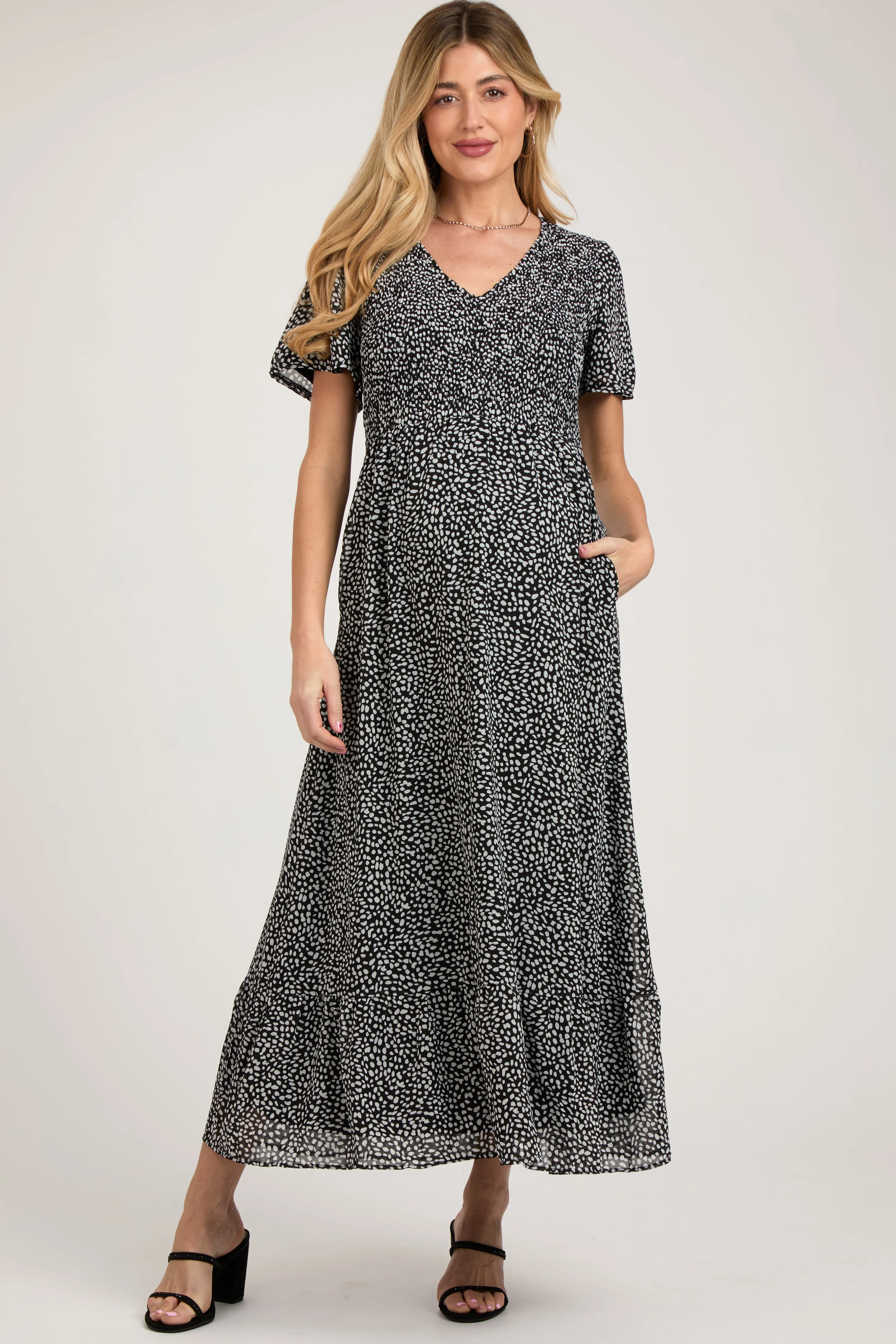 Black Dotted Smocked V-Neck Short Sleeve Maternity Maxi Dress sold by Pinkblush product image thumbnail 2