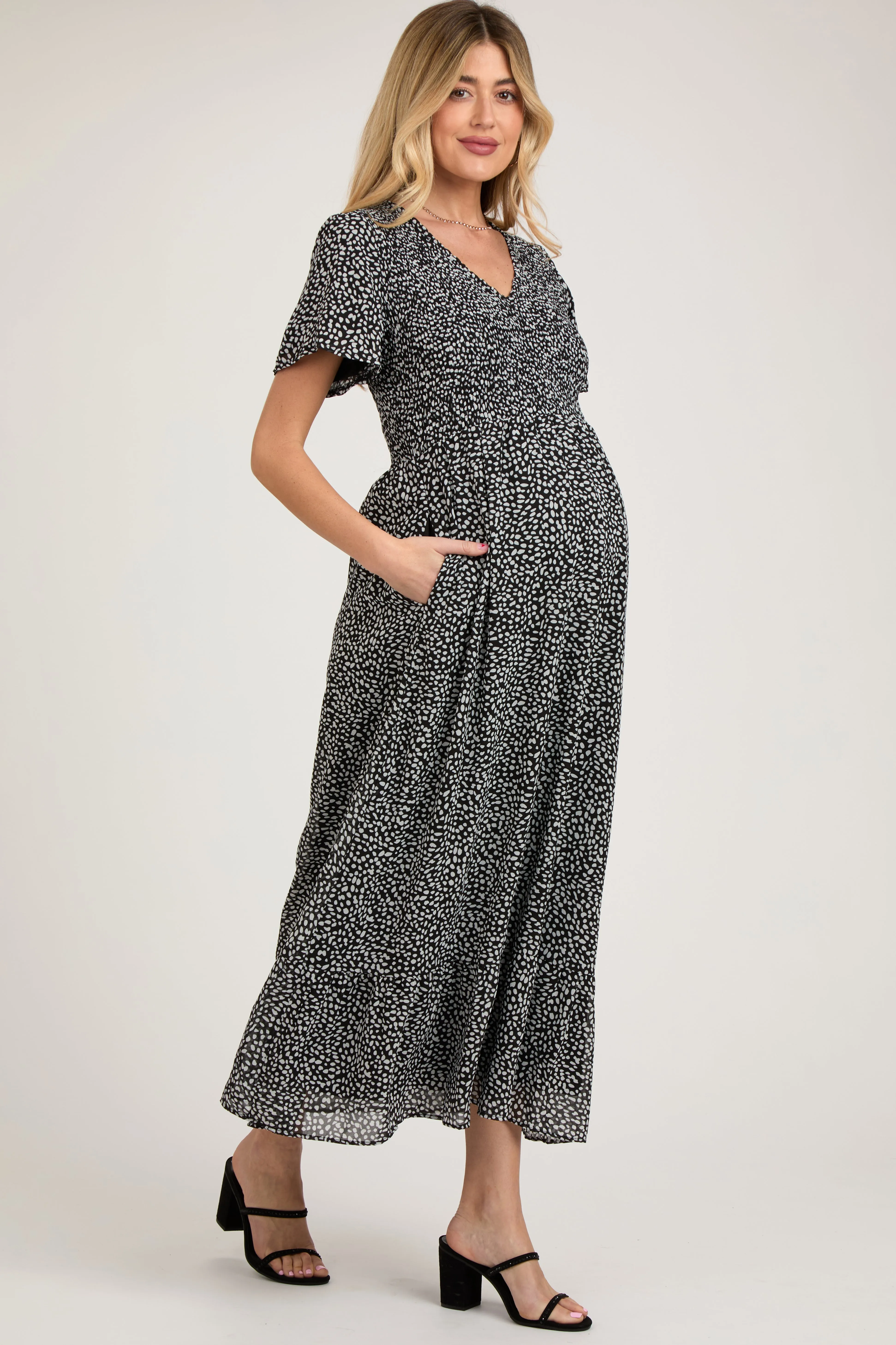 Black Dotted Smocked V-Neck Short Sleeve Maternity Maxi Dress sold by Pinkblush product image thumbnail 3