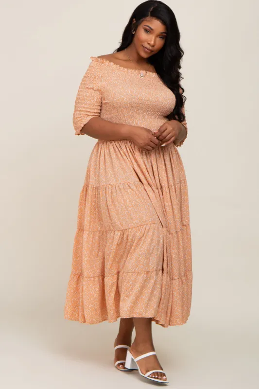 Peach Ditsy Smocked Tiered Off Shoulder Plus Midi Dress sold by Pinkblush