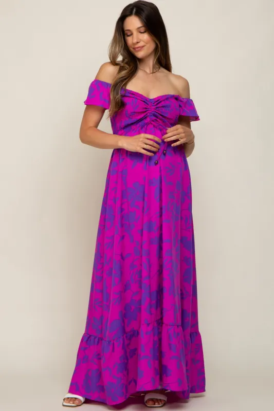 Magenta Floral Smocked Cinched Top Maternity Maxi Dress sold by Pinkblush