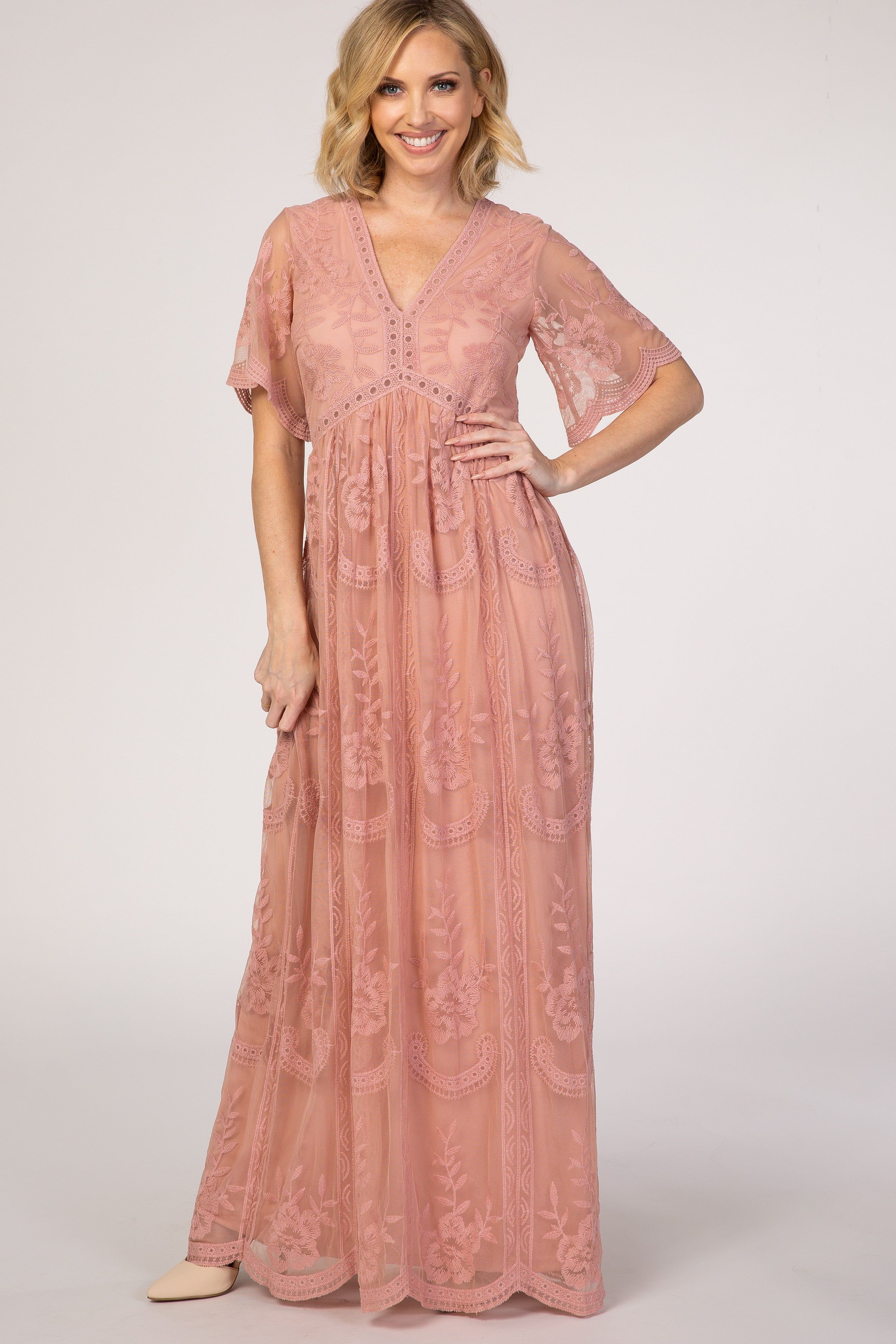 PinkBlush Light Pink Lace Mesh Overlay Maternity Maxi Dress sold by Pinkblush product image thumbnail 4