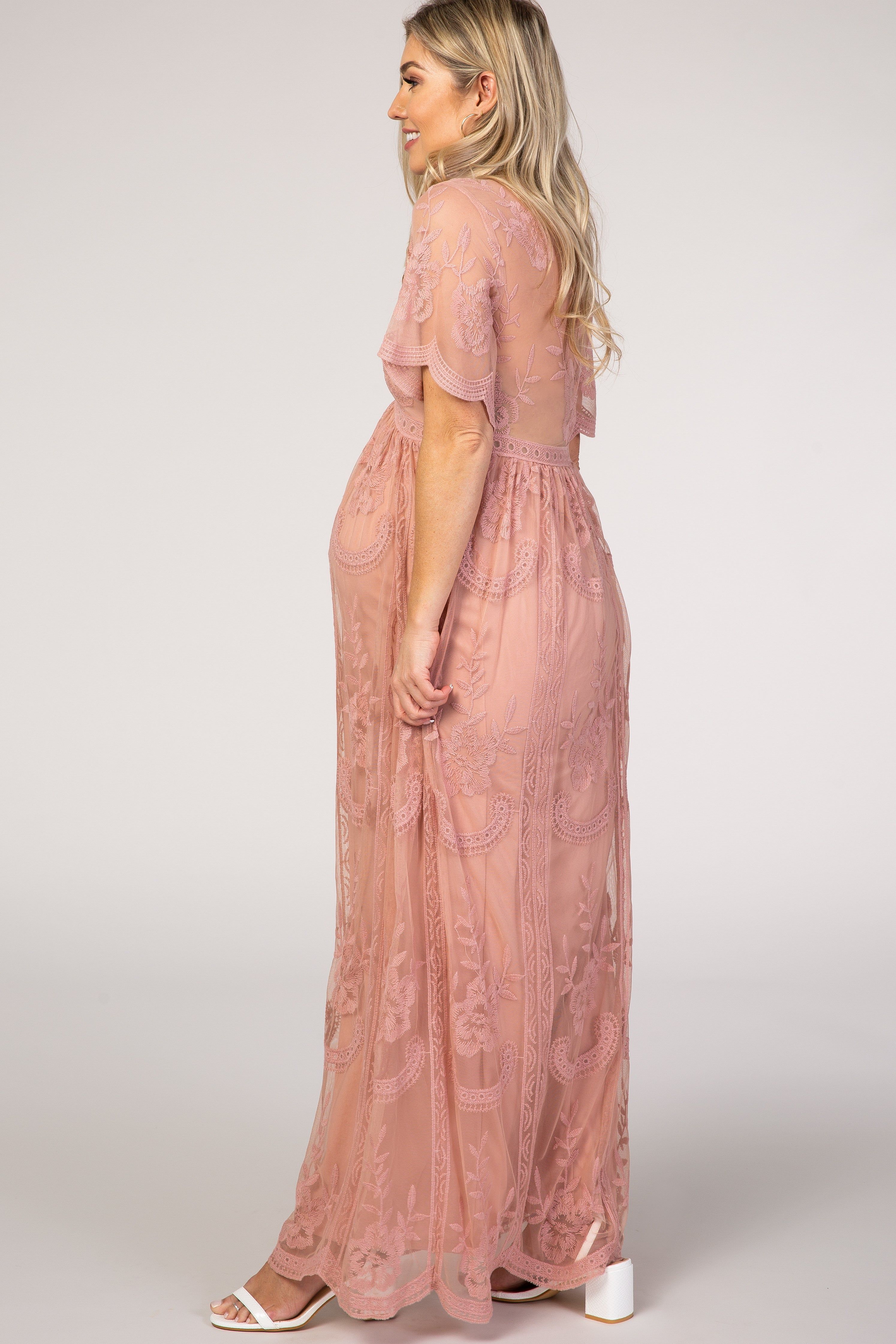 PinkBlush Light Pink Lace Mesh Overlay Maternity Maxi Dress sold by Pinkblush product image thumbnail 2