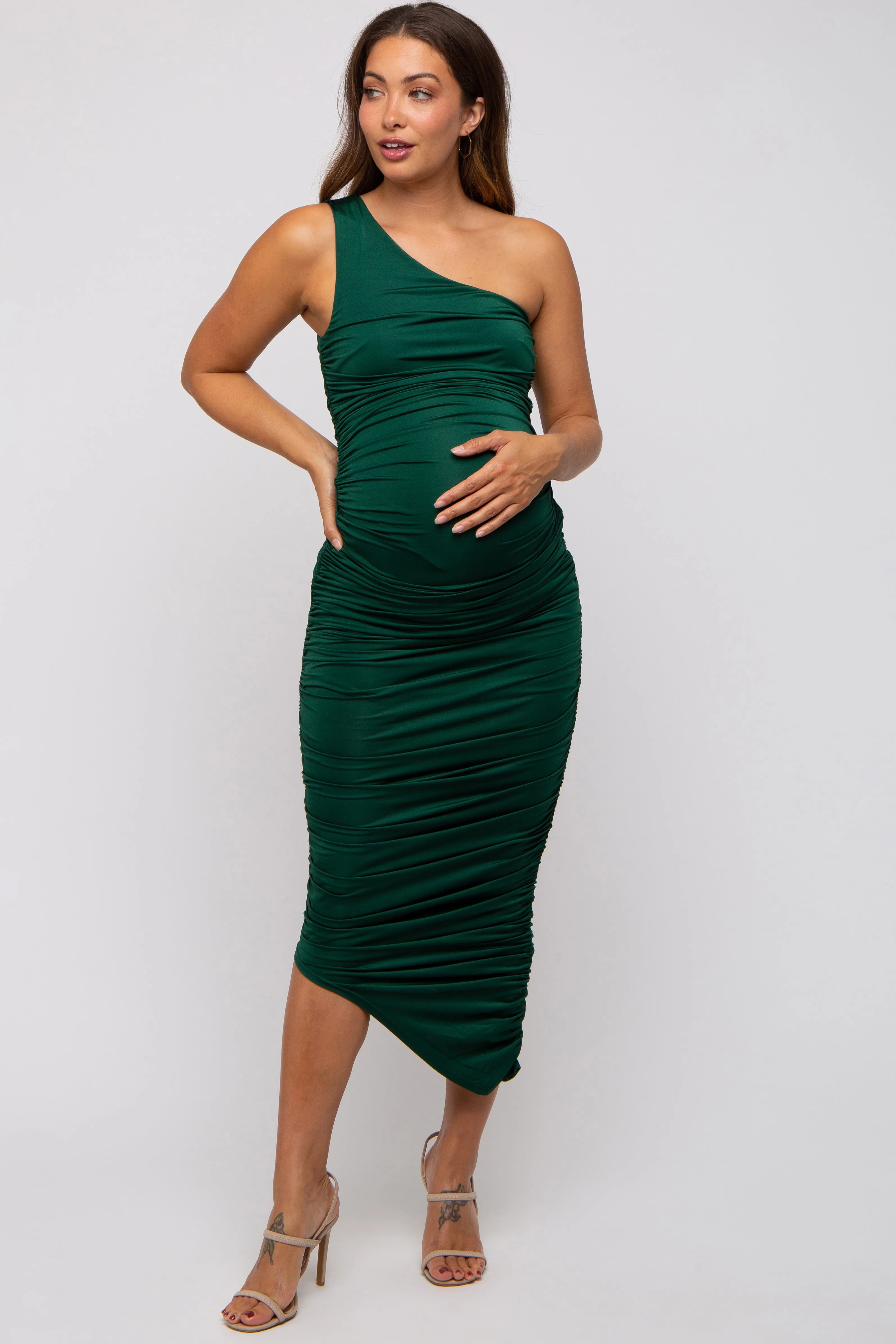 Forest Green Ruched Asymmetrical Maternity Maxi Dress sold by Pinkblush