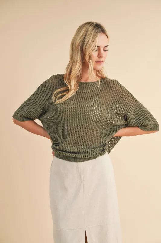 Olive Open Knit Sweater Top sold by Pinkblush