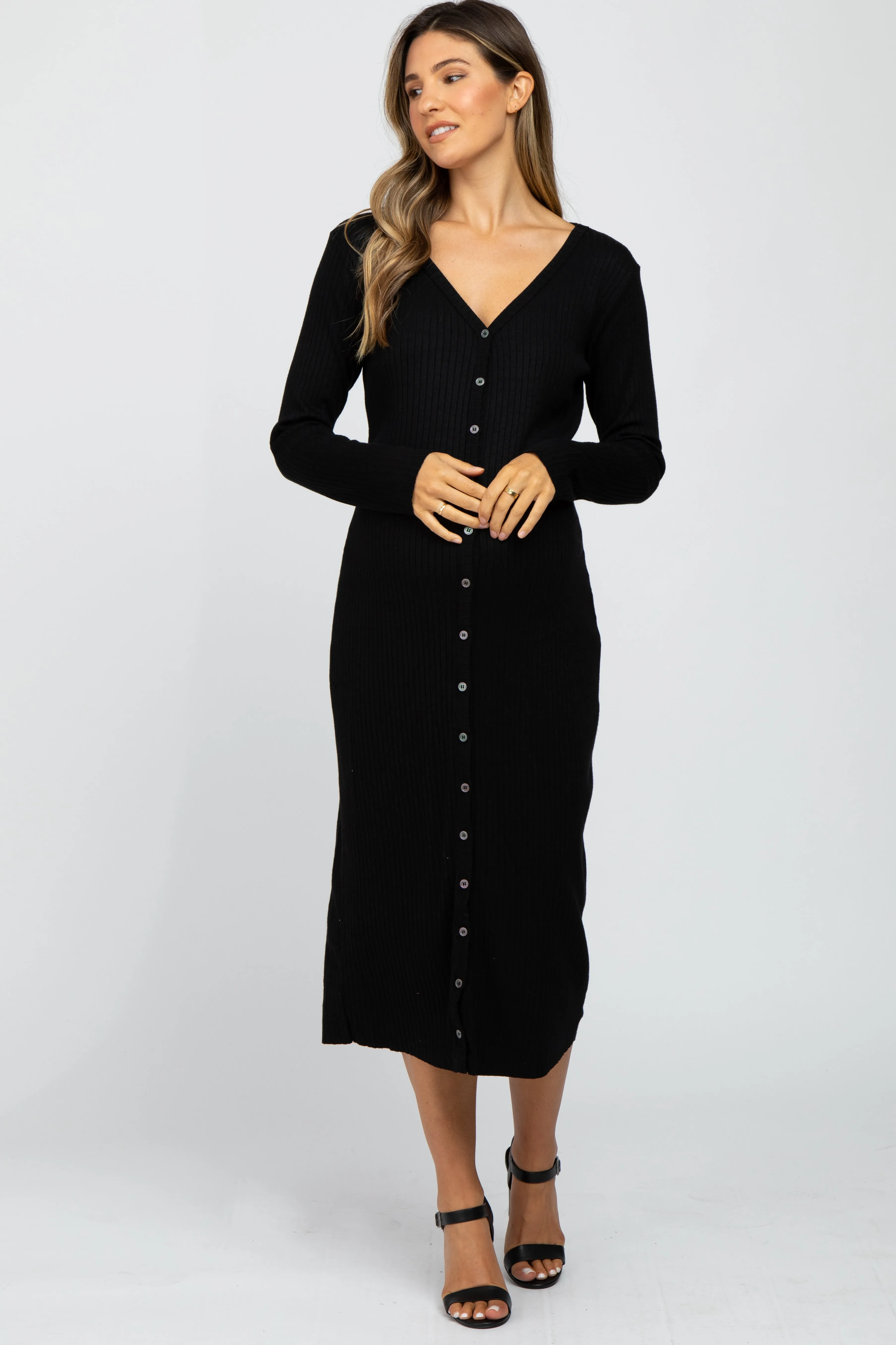 Black Ribbed Button Front Midi Cardigan Maternity Dress sold by Pinkblush