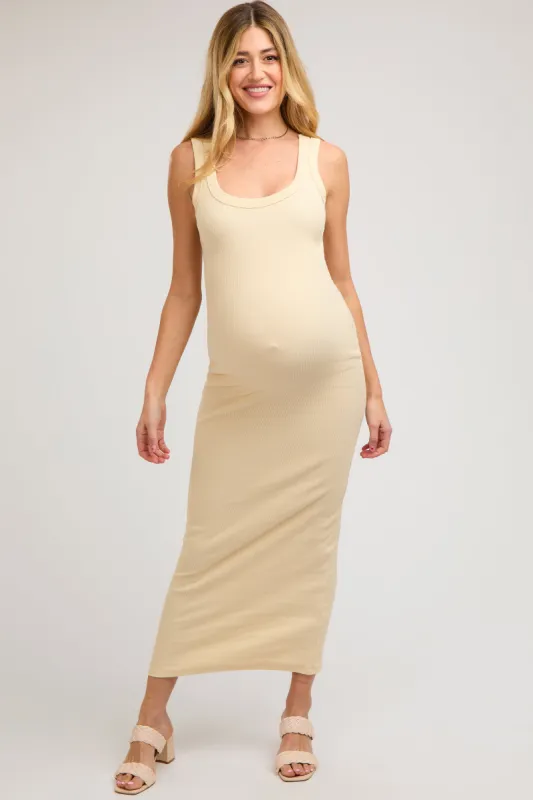 Cream Rib Knit Maternity Maxi Dress sold by Pinkblush