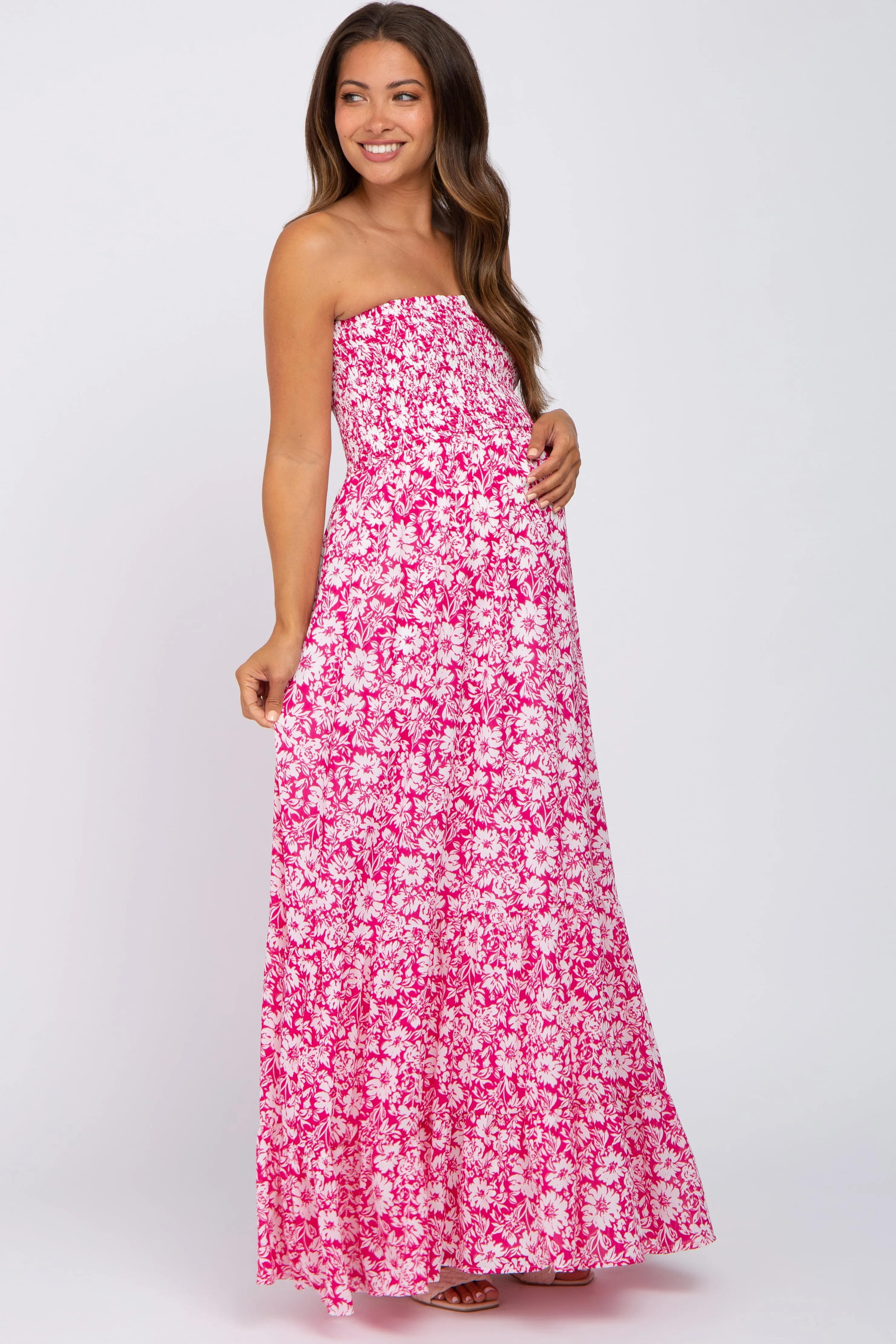 Magenta Floral Strapless Smocked Maternity Maxi Dress sold by Pinkblush product image thumbnail 2