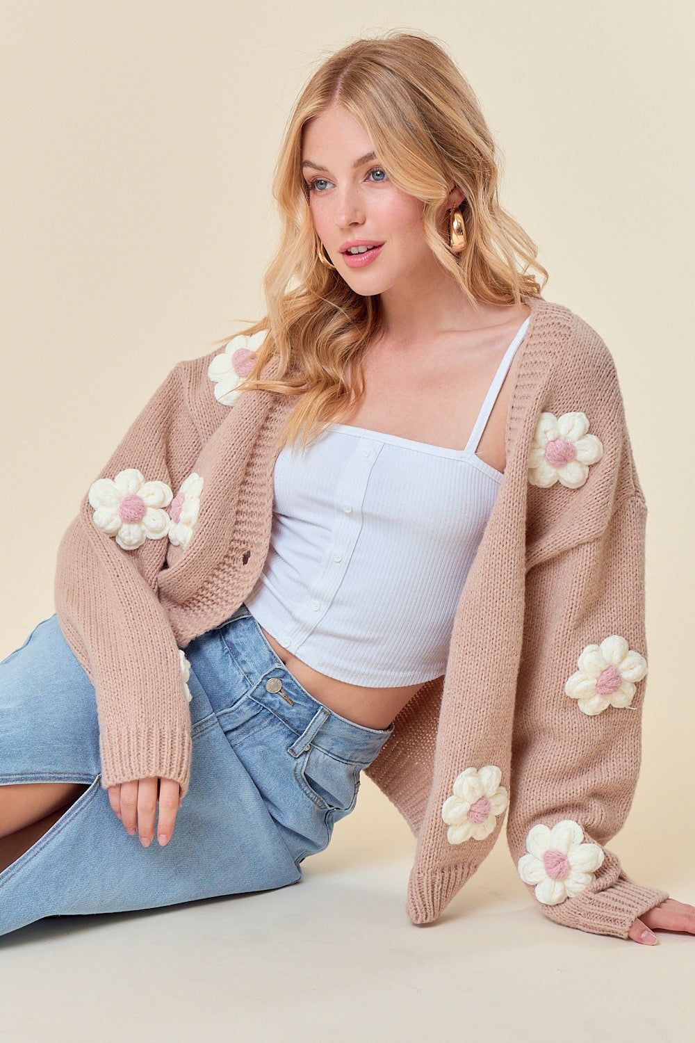 Taupe Floral Knit Button Front Cardigan sold by Pinkblush