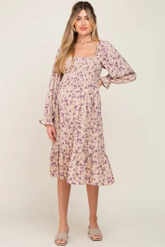Taupe Floral Smocked Long Sleeve Maternity Midi Dress sold by Pinkblush