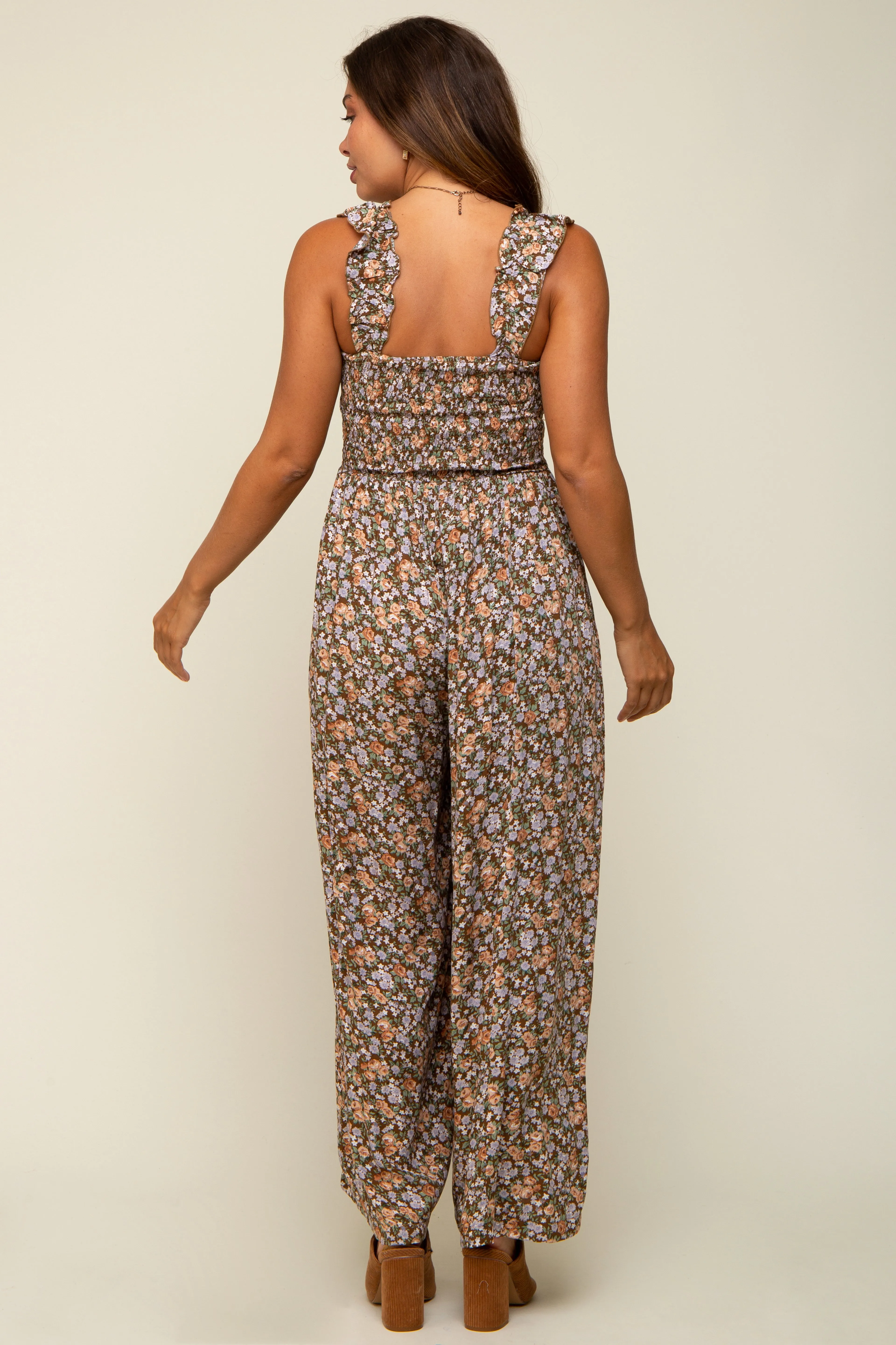 Mocha Sleeveless Floral Smocked Ruffle Maternity Jumpsuit sold by Pinkblush product image thumbnail 4