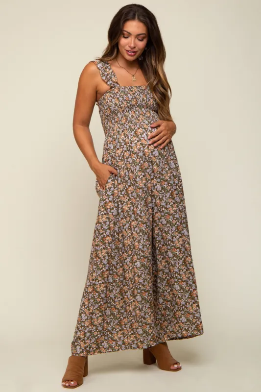 Mocha Sleeveless Floral Smocked Ruffle Maternity Jumpsuit sold by Pinkblush