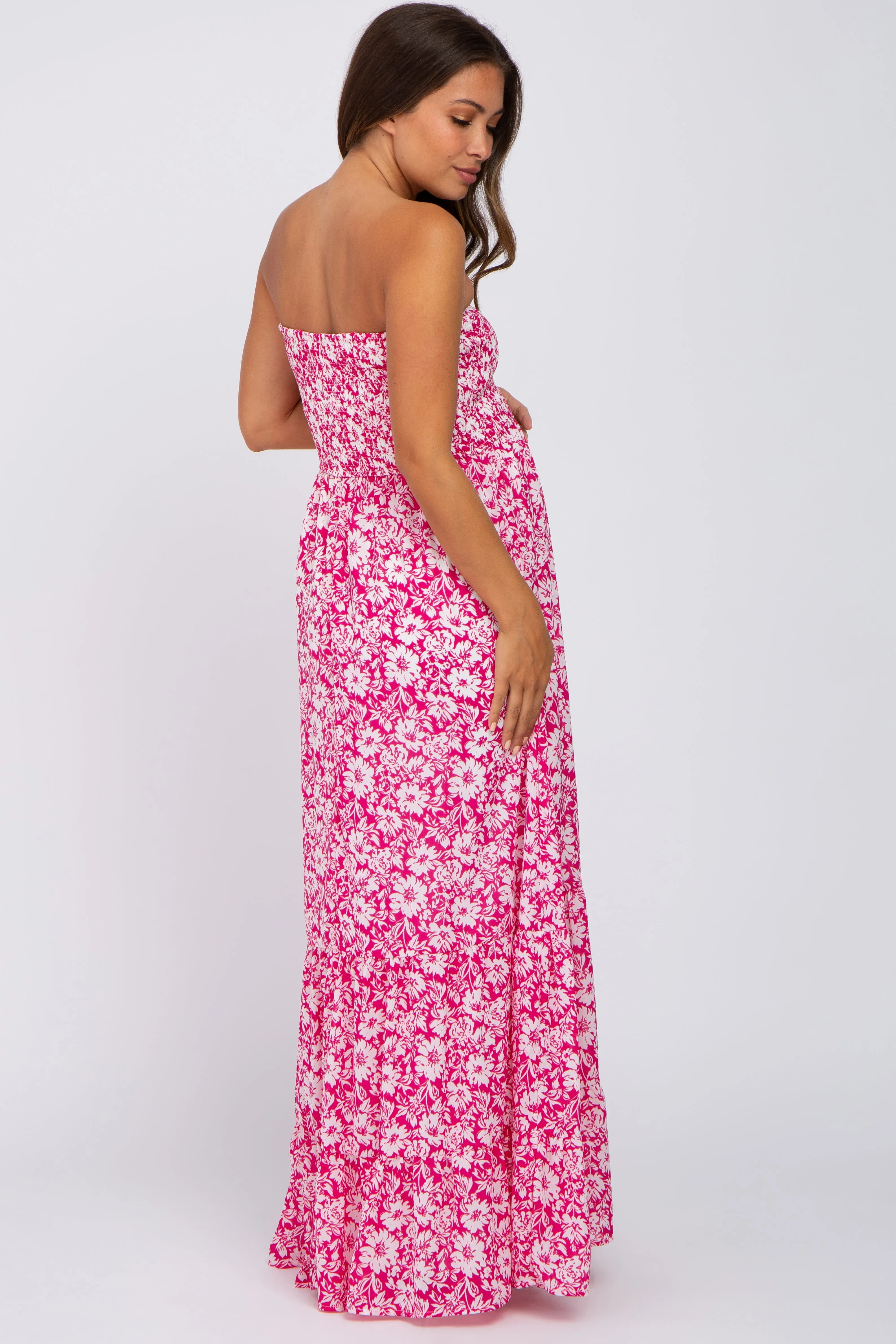 Magenta Floral Strapless Smocked Maternity Maxi Dress sold by Pinkblush product image thumbnail 3