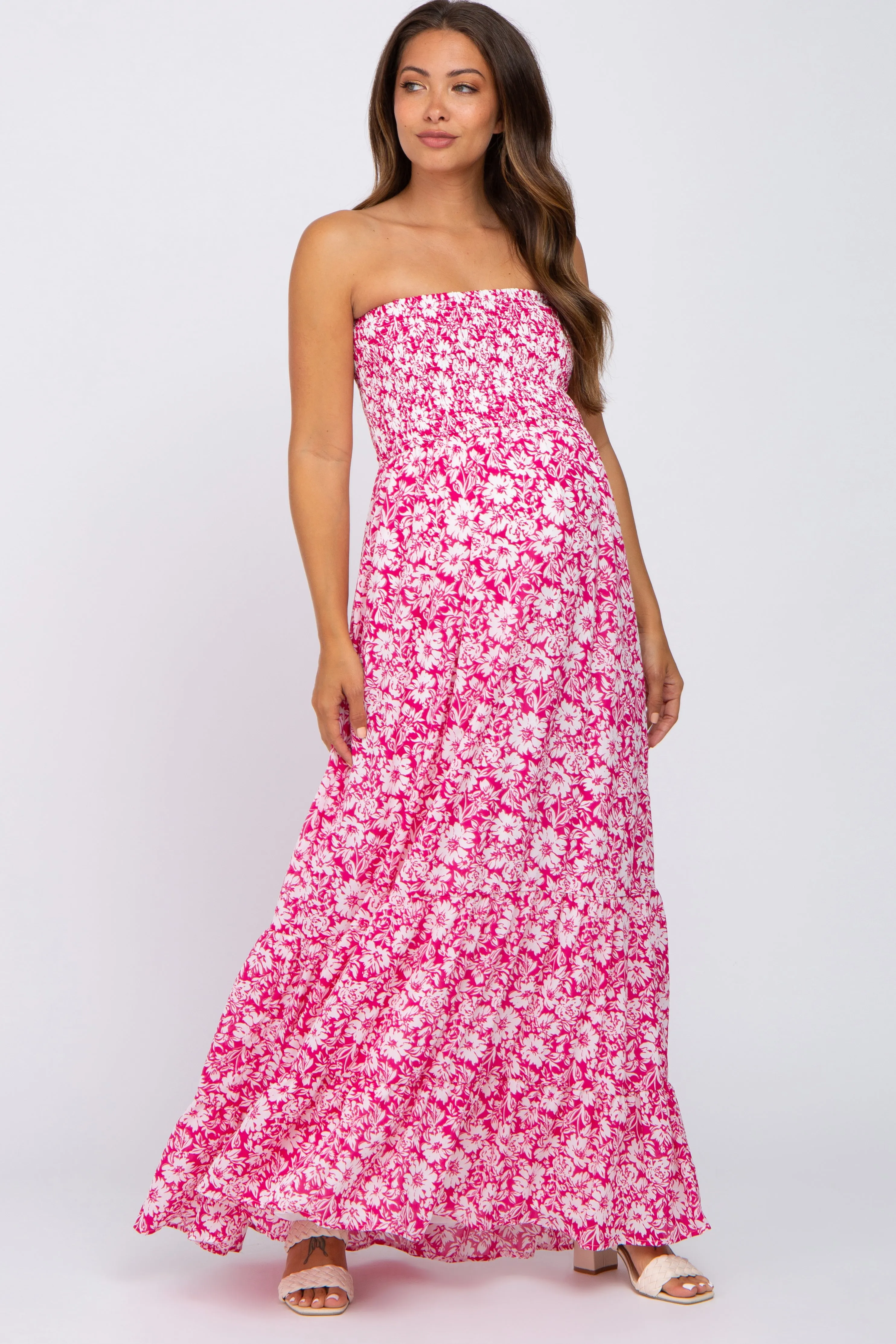 Magenta Floral Strapless Smocked Maternity Maxi Dress sold by Pinkblush