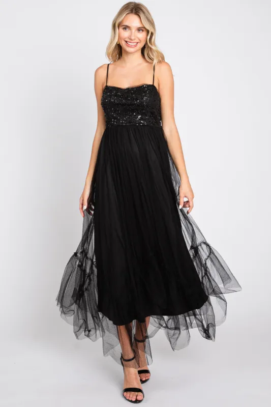 Black Sequin Top Tulle Midi Dress sold by Pinkblush