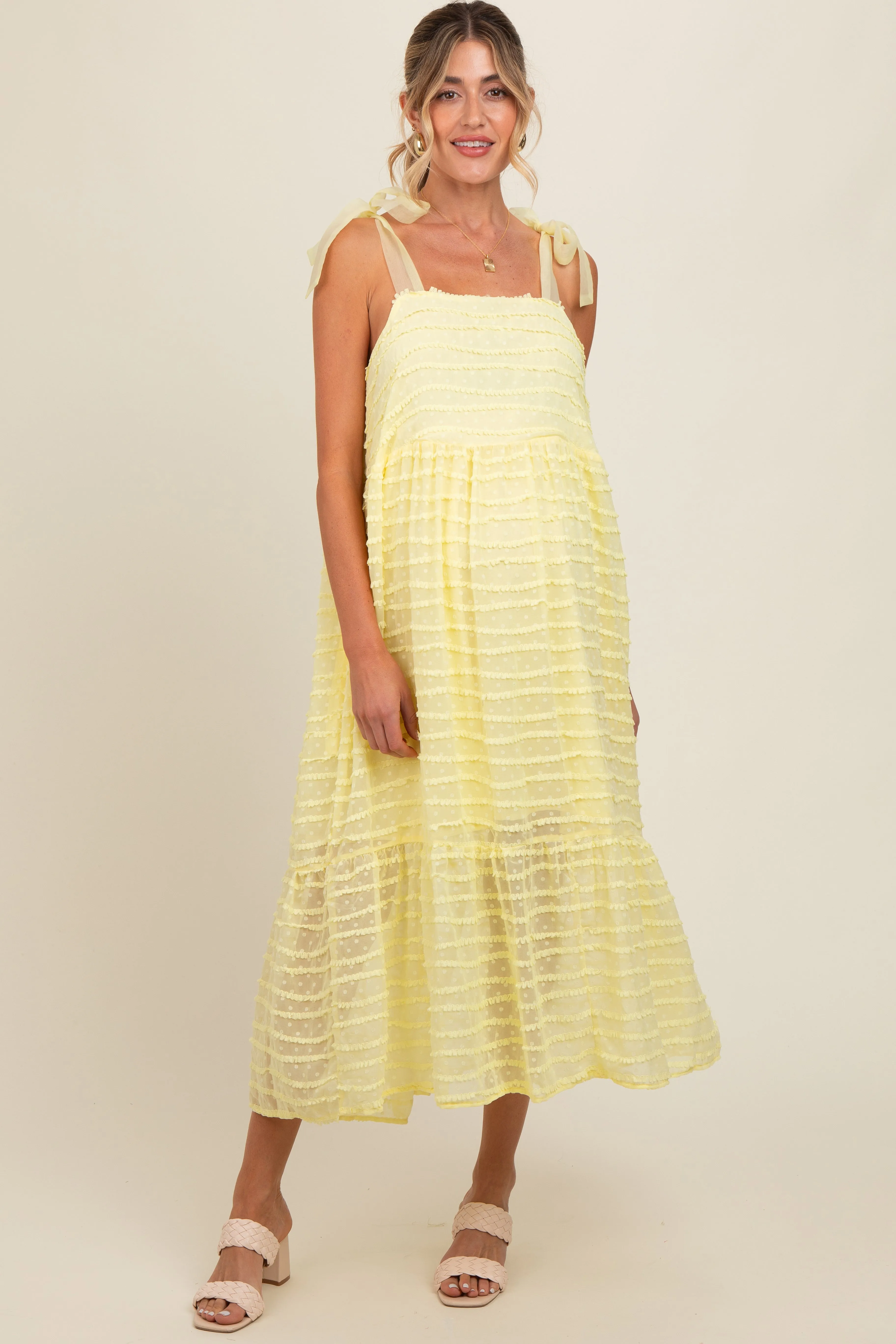 Yellow Textured Shoulder Tie Maternity Midi Dress sold by Pinkblush product image thumbnail 2