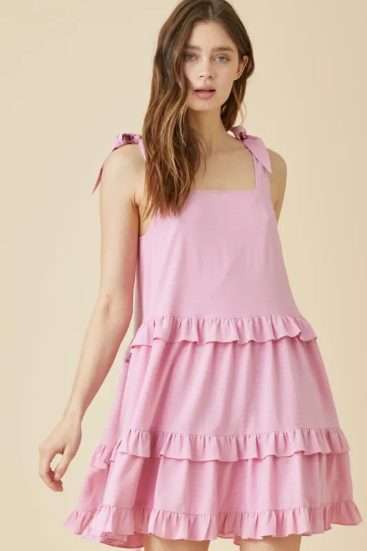 Pink Ruffle Tiered Mini Dress With Tying Straps sold by Pinkblush
