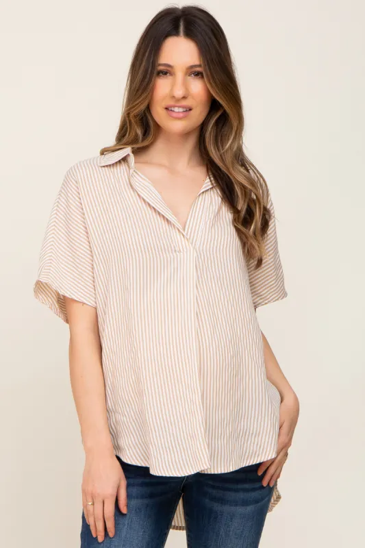 Beige Collared Short Sleeve Maternity Top sold by Pinkblush