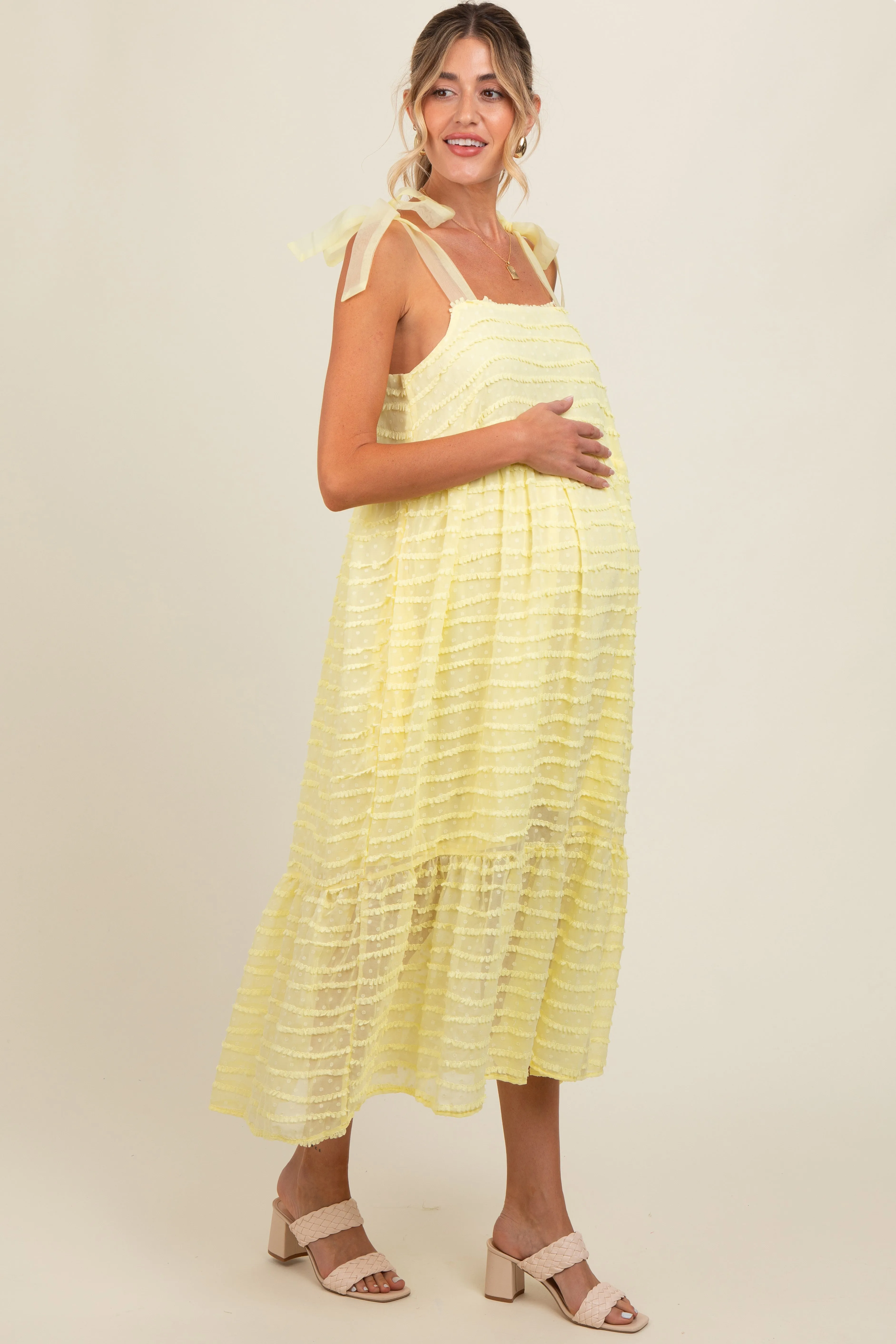 Yellow Textured Shoulder Tie Maternity Midi Dress sold by Pinkblush product image thumbnail 3