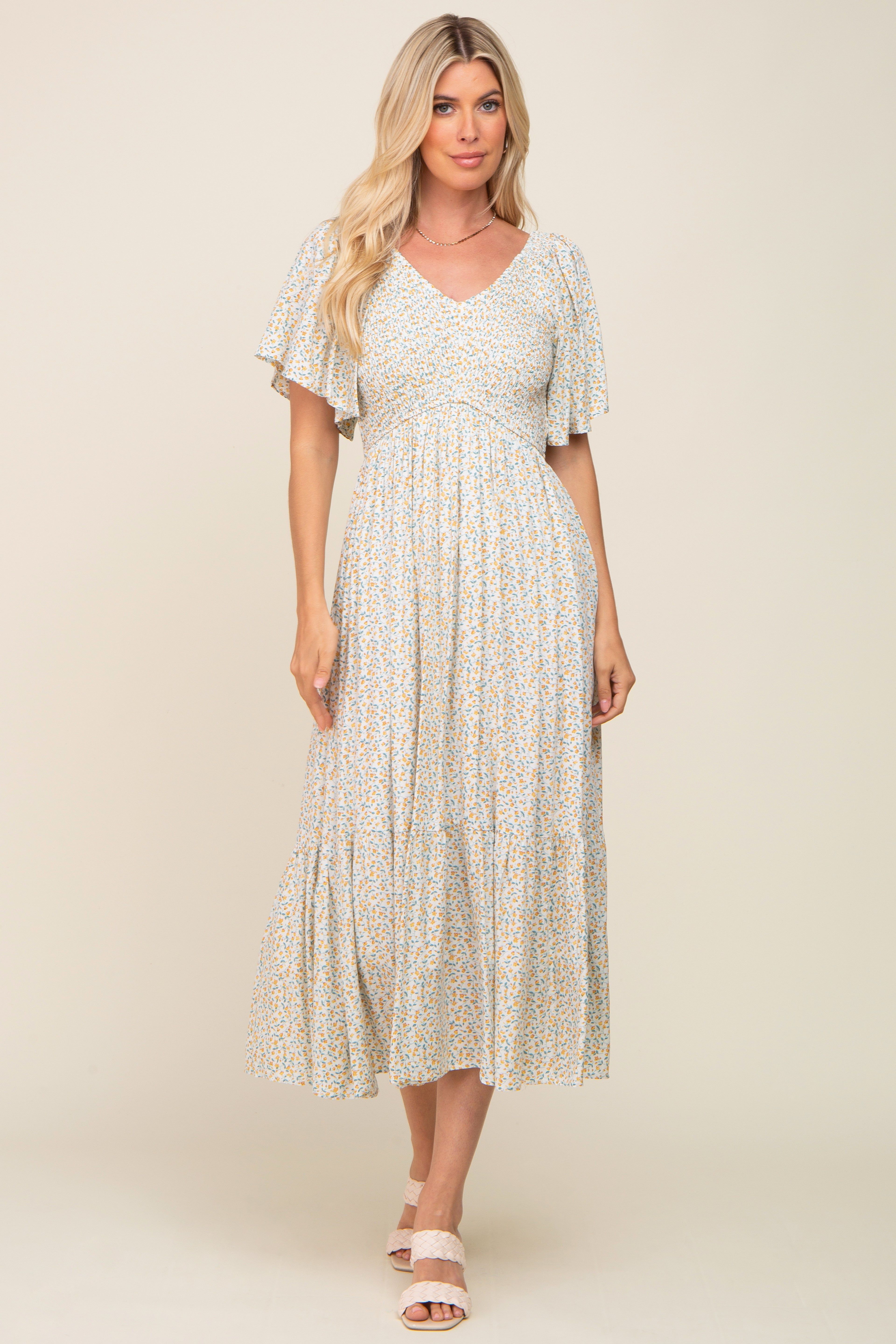 Ivory Floral Smocked Midi Dress sold by Pinkblush product image thumbnail 4