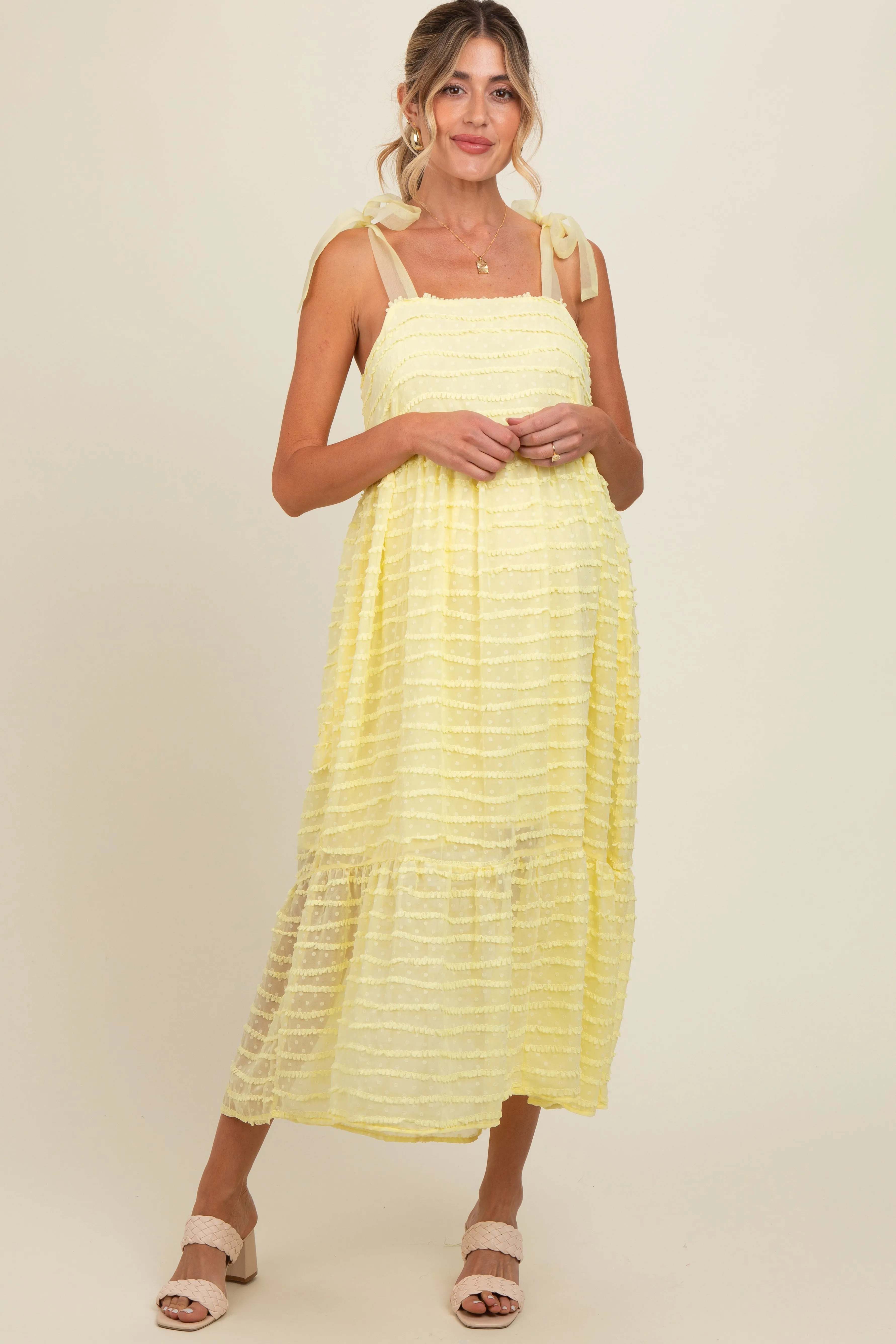 Yellow Textured Shoulder Tie Maternity Midi Dress sold by Pinkblush
