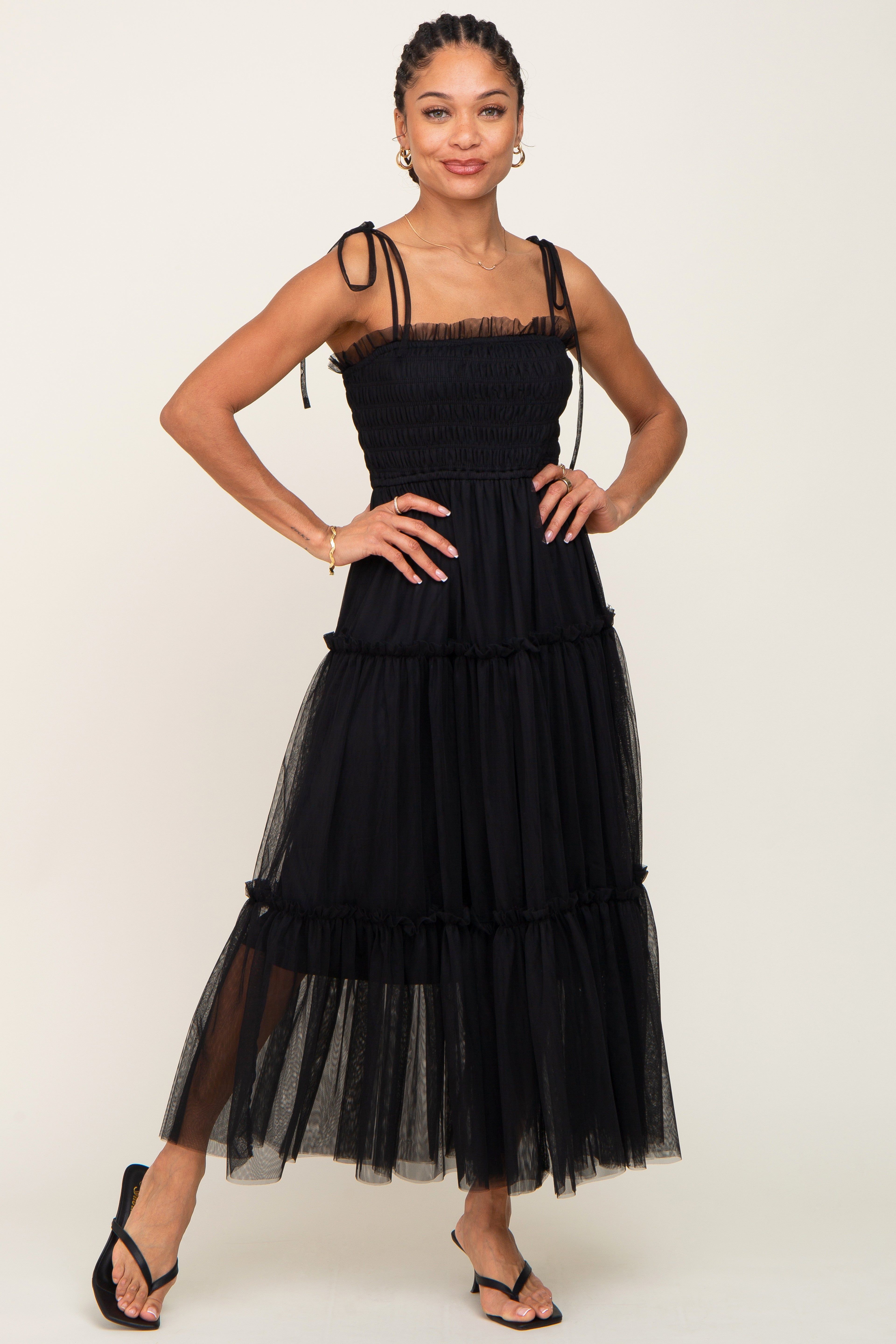 Black Smocked Mesh Midi Dress sold by Pinkblush