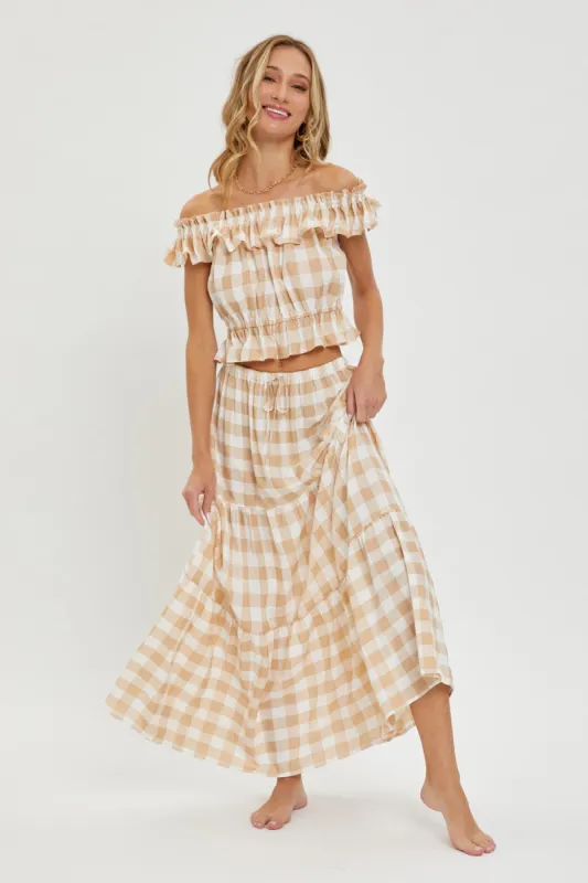 Taupe Gingham Maxi Skirt sold by Pinkblush