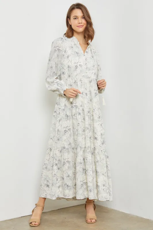 Gray Floral Tassel Tiered Long Sleeve Maxi Dress sold by Pinkblush