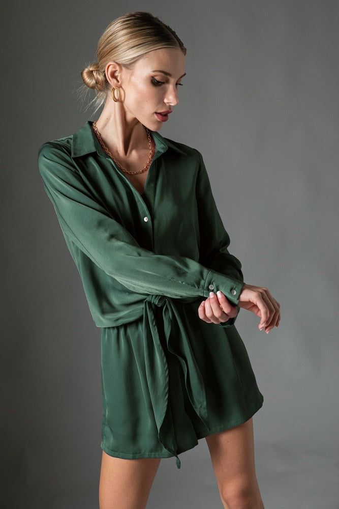 Hunter Green Satin Front Tie Romper sold by Pinkblush