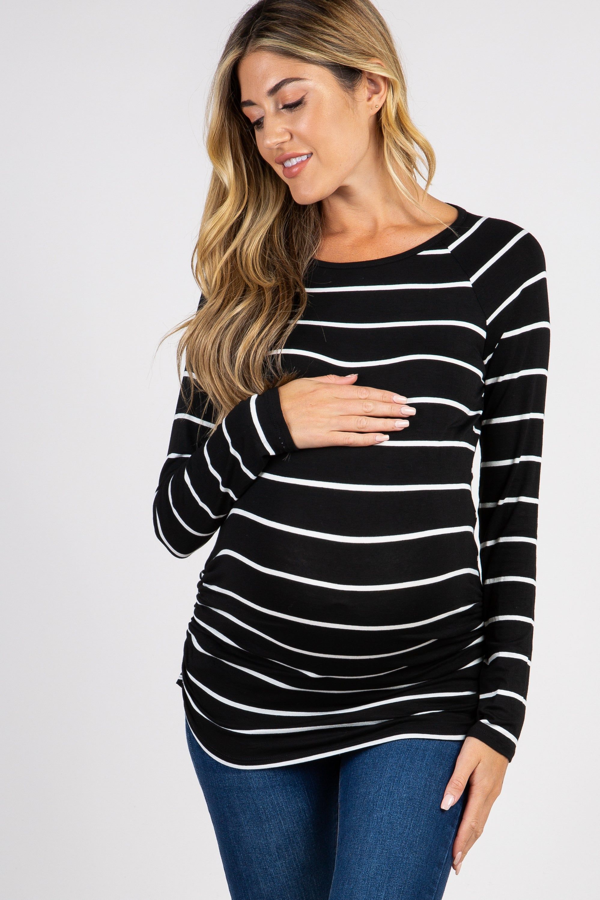 Black Striped Ruched Maternity Top sold by Pinkblush
