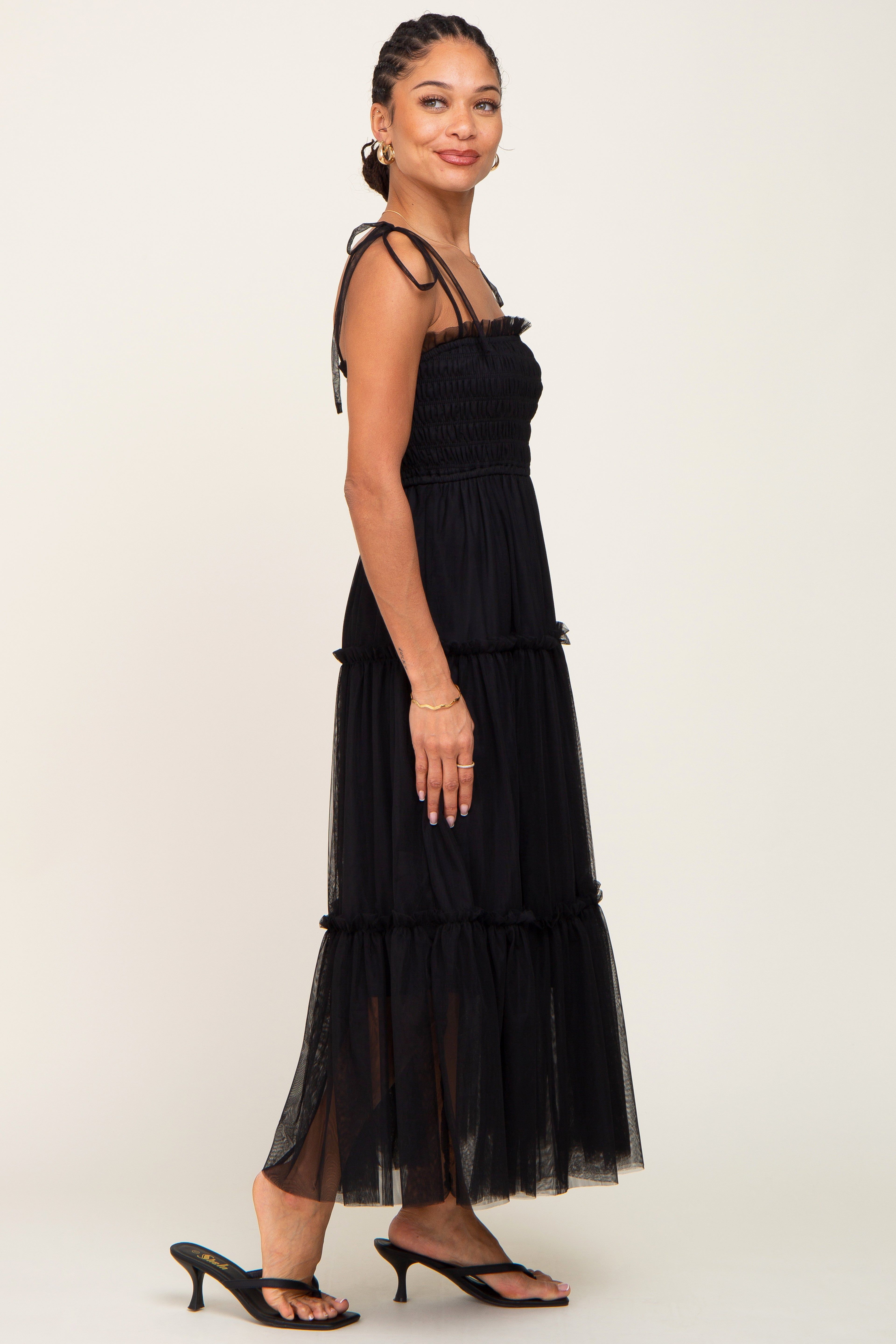 Black Smocked Mesh Midi Dress sold by Pinkblush product image thumbnail 2