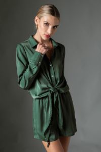 Hunter Green Satin Front Tie Romper sold by Pinkblush
