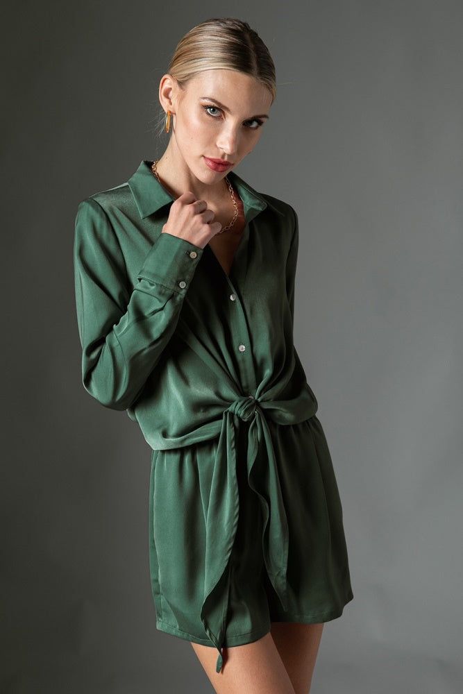 Hunter Green Satin Front Tie Romper sold by Pinkblush product image thumbnail 2