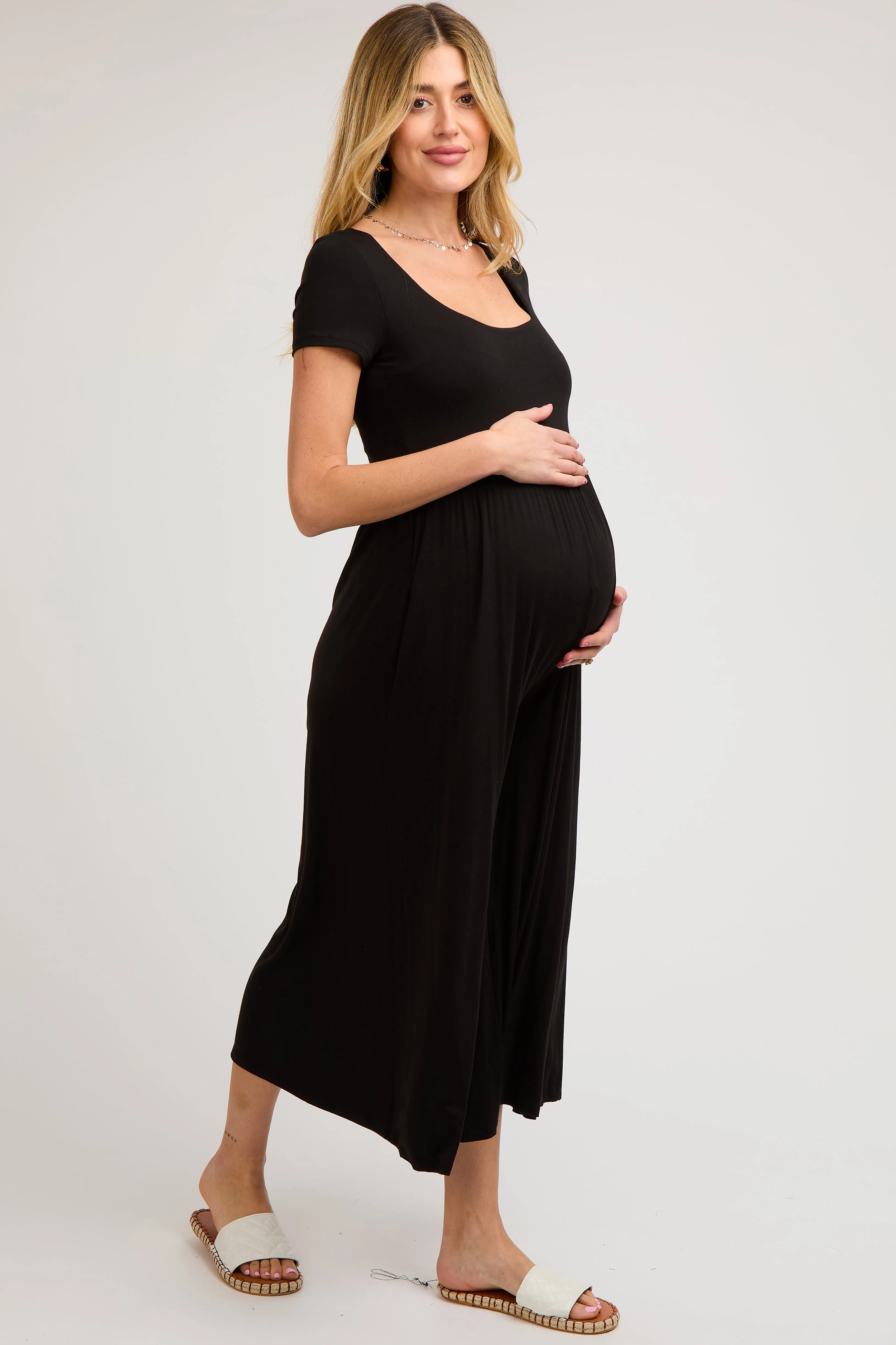 Black Short Sleeve Pocketed Maternity Jumpsuit sold by Pinkblush product image thumbnail 3