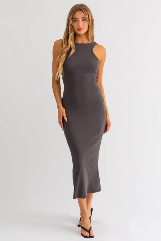 Charcoal Rib Knit Open Back Maxi Dress sold by Pinkblush