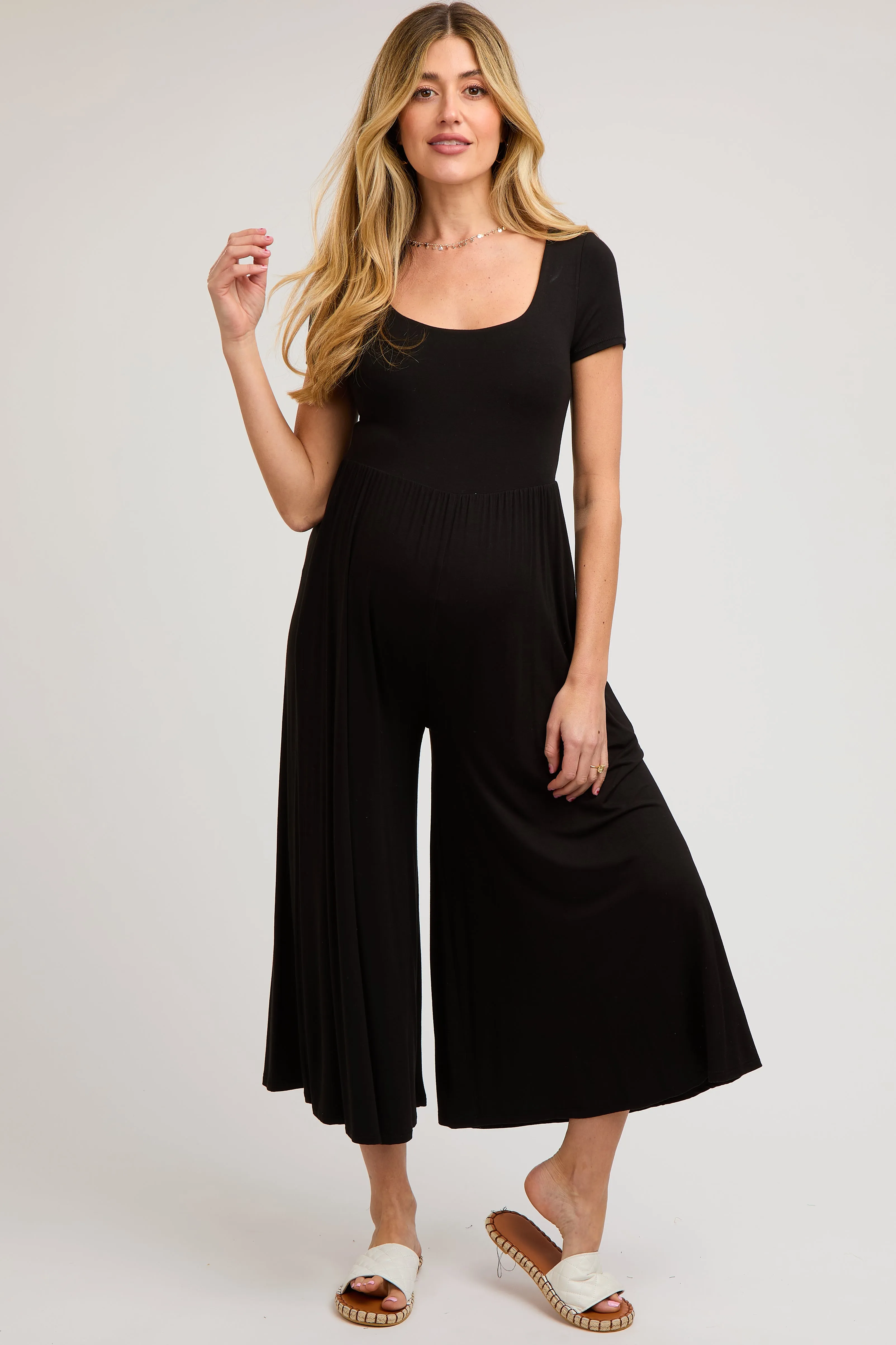 Black Short Sleeve Pocketed Maternity Jumpsuit sold by Pinkblush