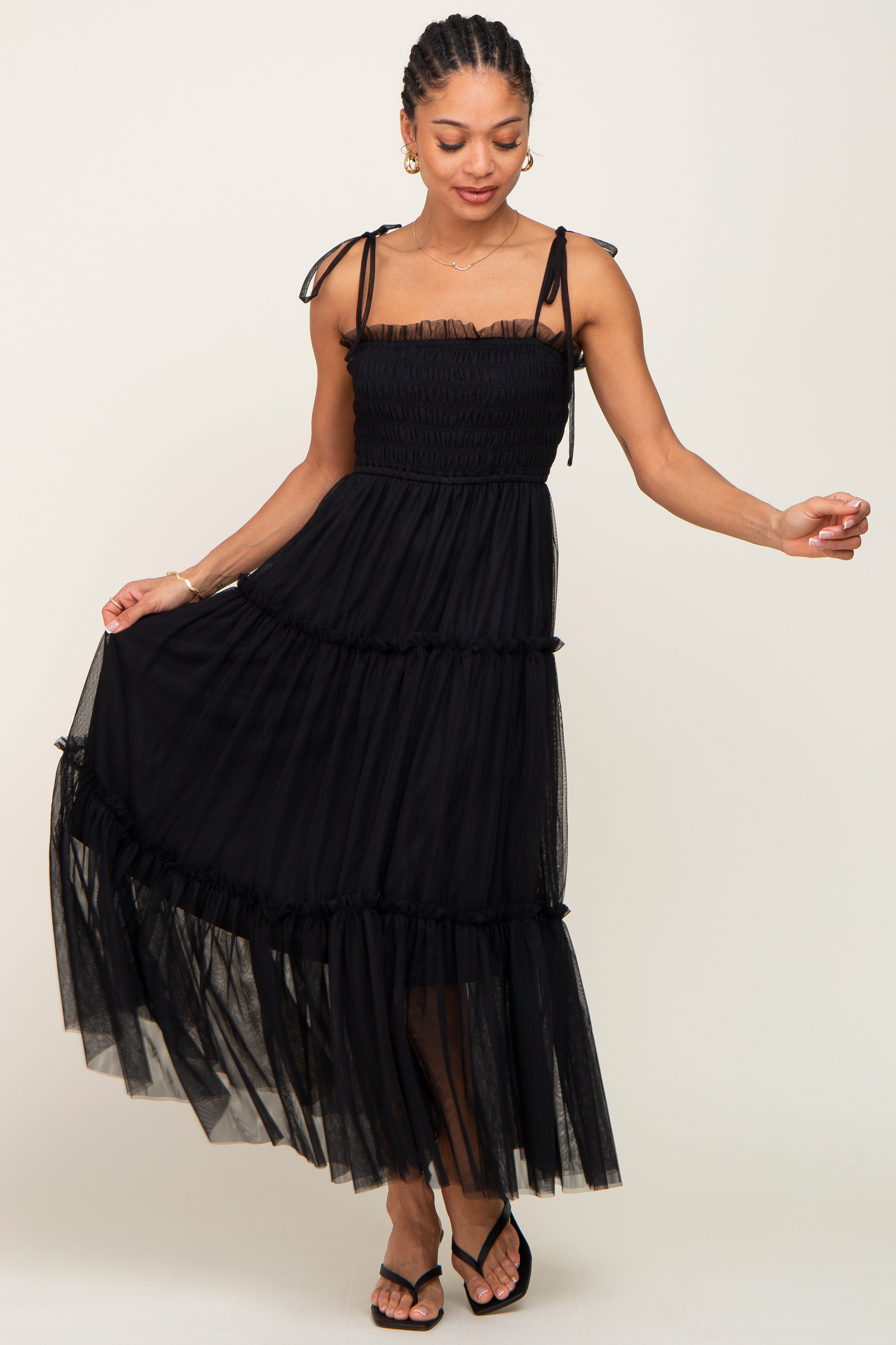 Black Smocked Mesh Midi Dress sold by Pinkblush product image thumbnail 4
