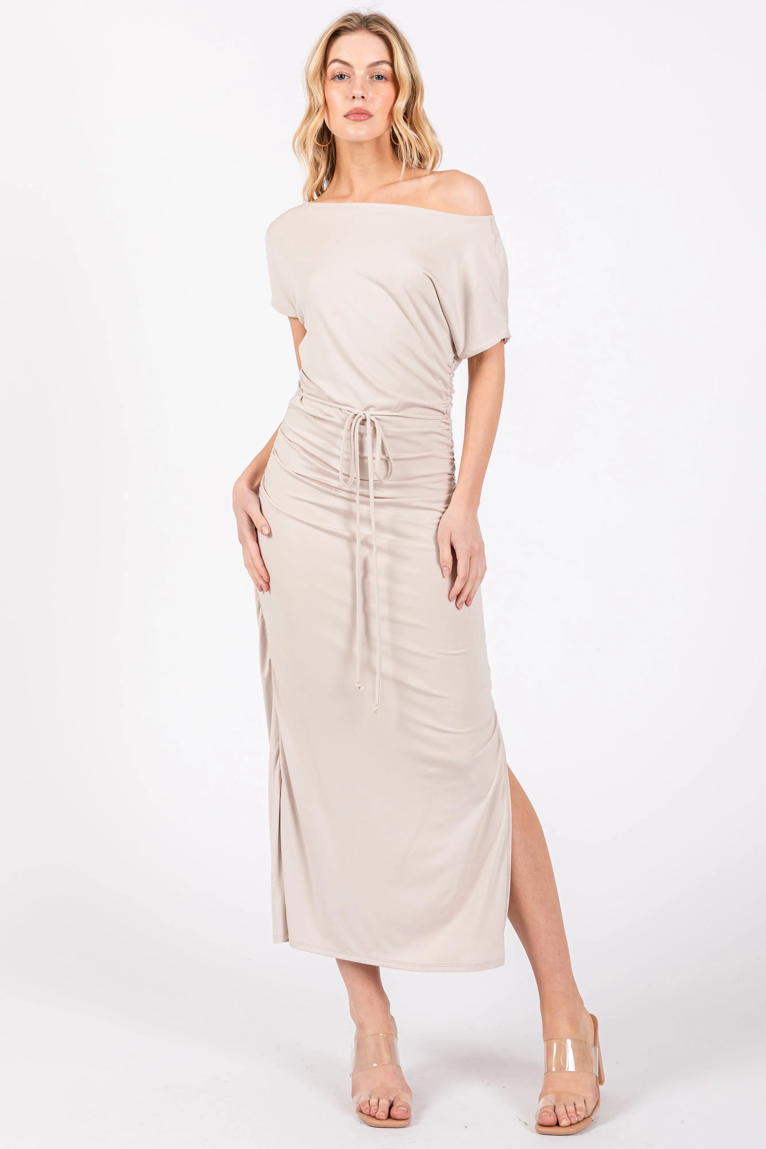Beige Boat Neck Side Ruched Waist Tie Midi Dress sold by Pinkblush