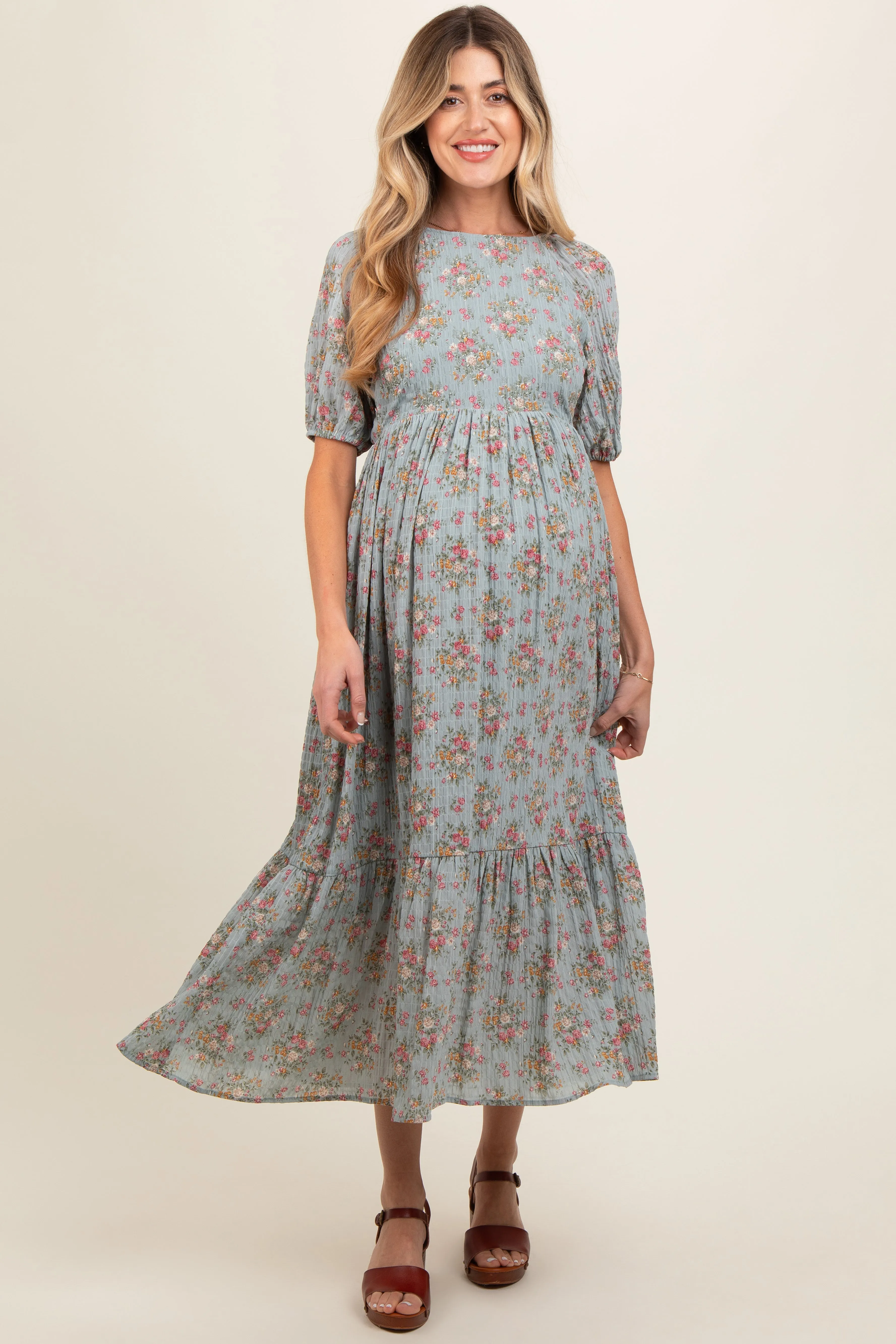 Light Blue Floral Textured Tied Open Back Maternity Maxi Dress sold by Pinkblush