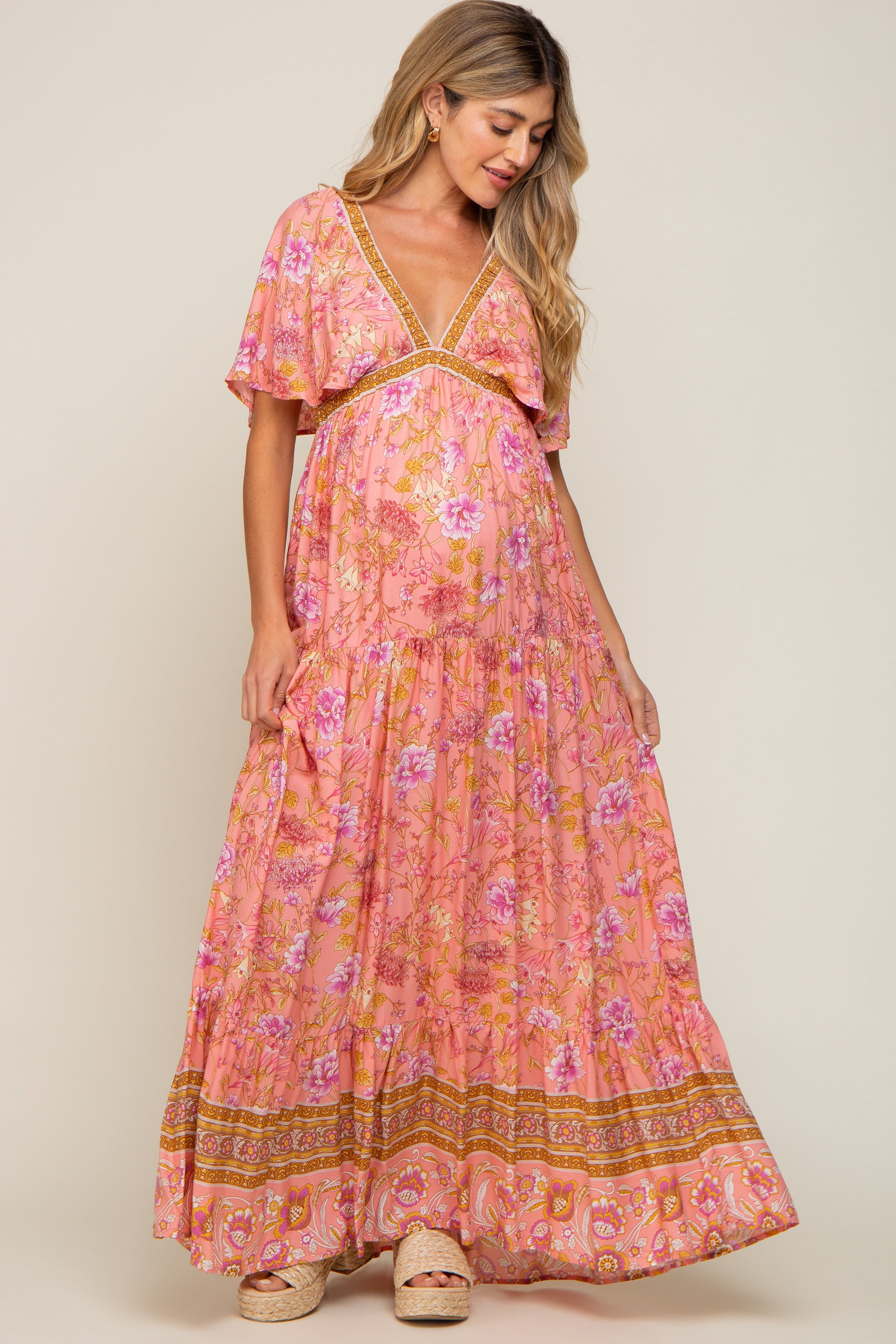 Pink Floral V-Neck Maternity Maxi Dress sold by Pinkblush product image thumbnail 5