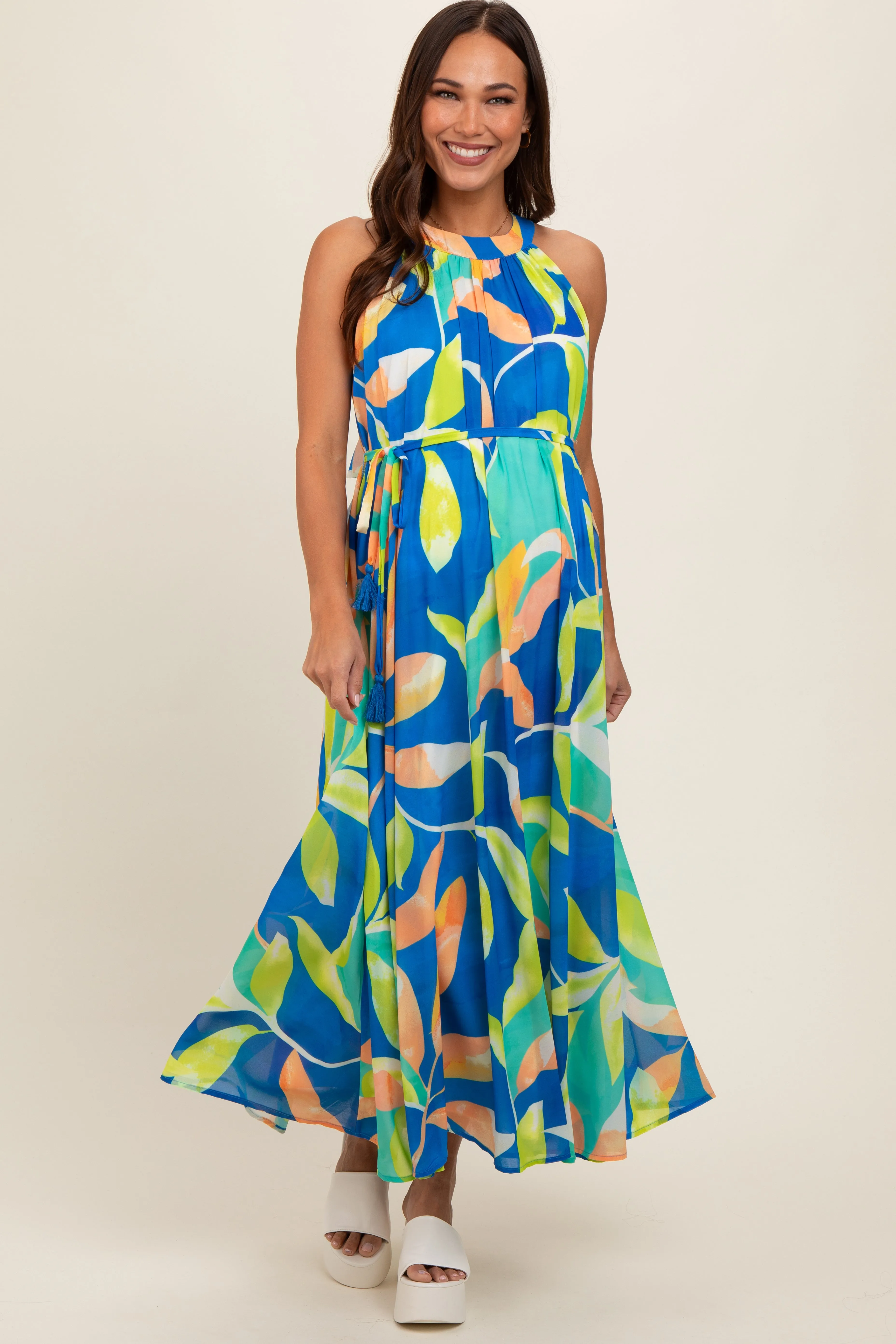 Royal Blue Leaf Print Halter Maternity Midi Dress sold by Pinkblush