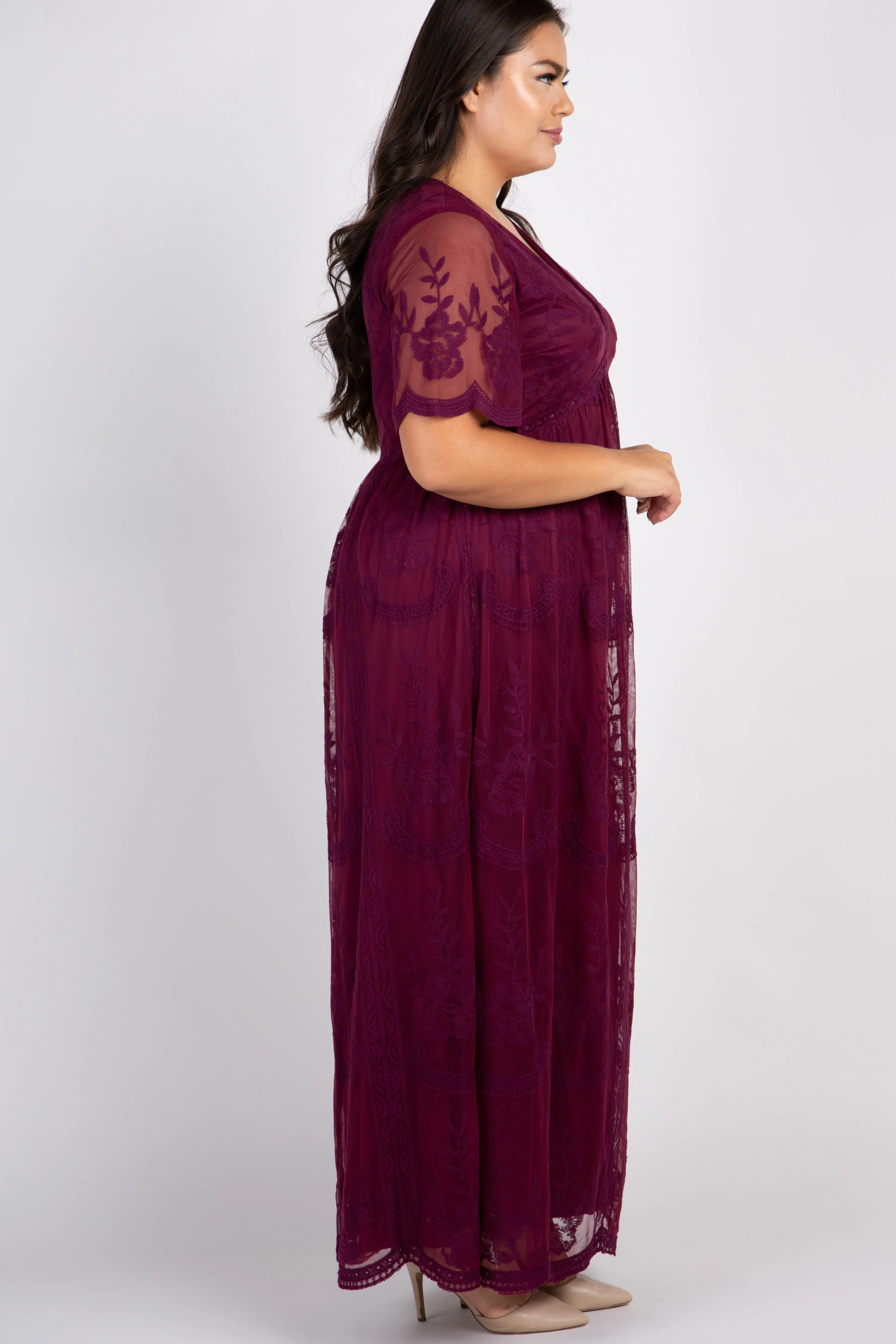 PinkBlush Burgundy Lace Mesh Overlay Plus Maxi Dress sold by Pinkblush product image thumbnail 2