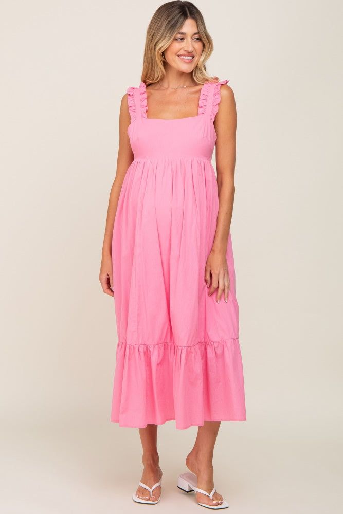 Pink Ruffle Accent Back Tie Maternity Midi Dress sold by Pinkblush product image thumbnail 4