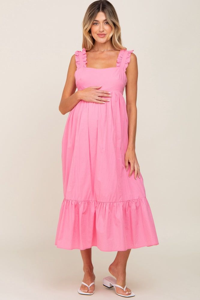 Pink Ruffle Accent Back Tie Maternity Midi Dress sold by Pinkblush