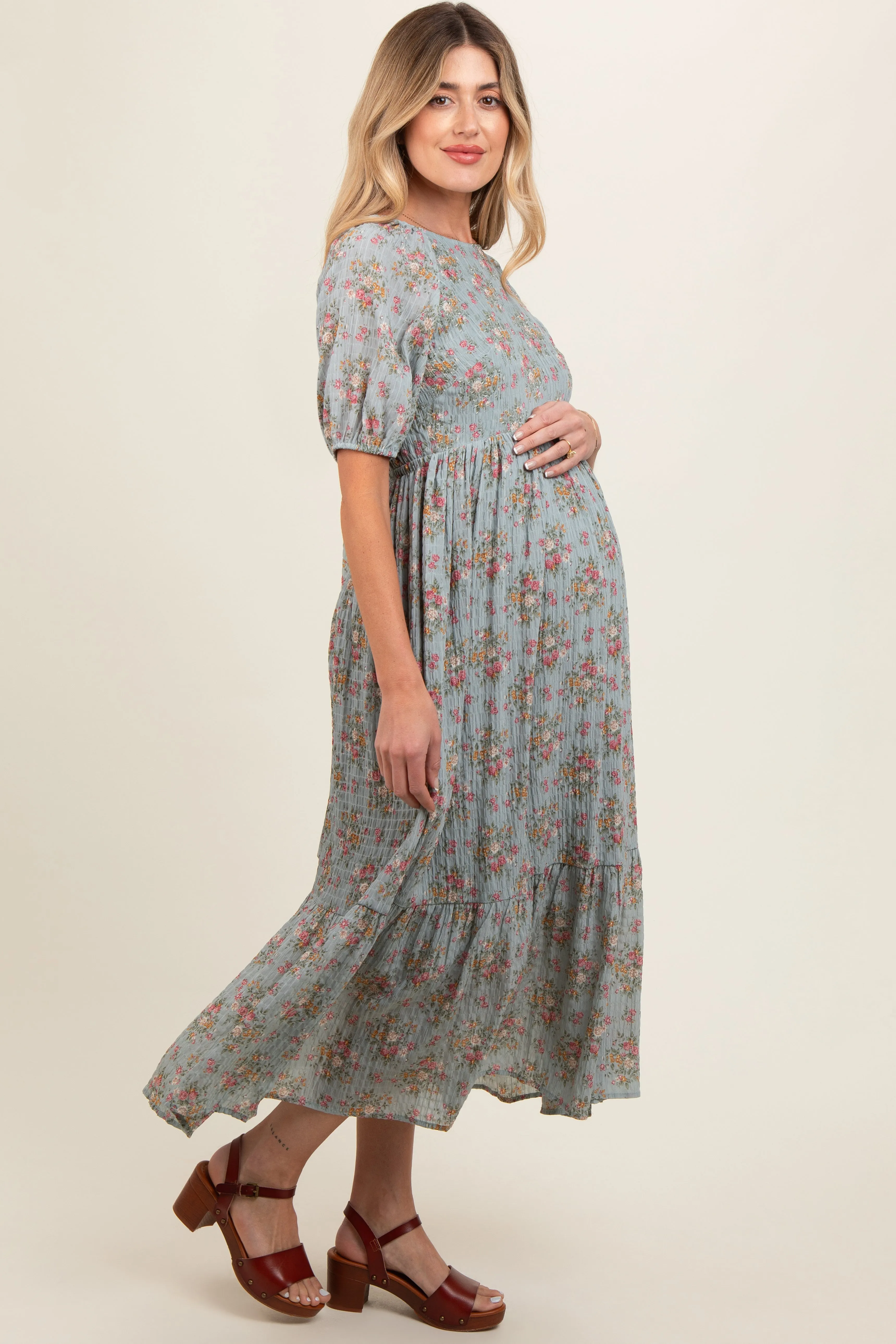 Light Blue Floral Textured Tied Open Back Maternity Maxi Dress sold by Pinkblush product image thumbnail 2