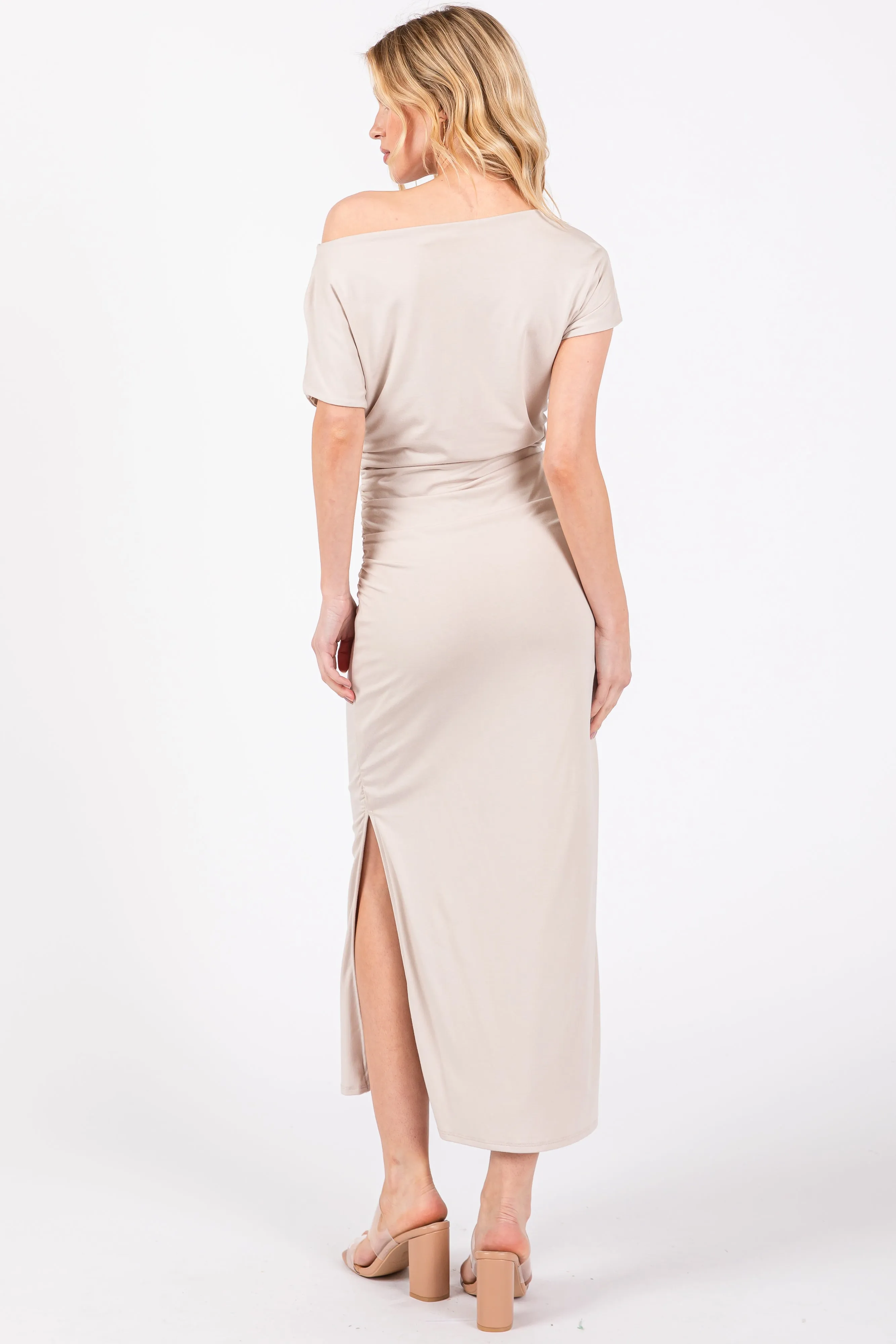Beige Boat Neck Side Ruched Waist Tie Midi Dress sold by Pinkblush product image thumbnail 3