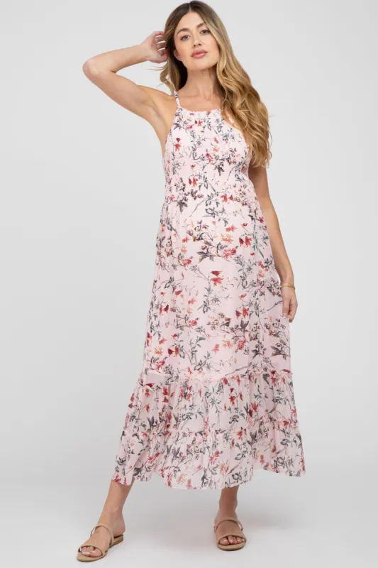 Pink Floral Chiffon Smocked Maternity Midi Dress sold by Pinkblush